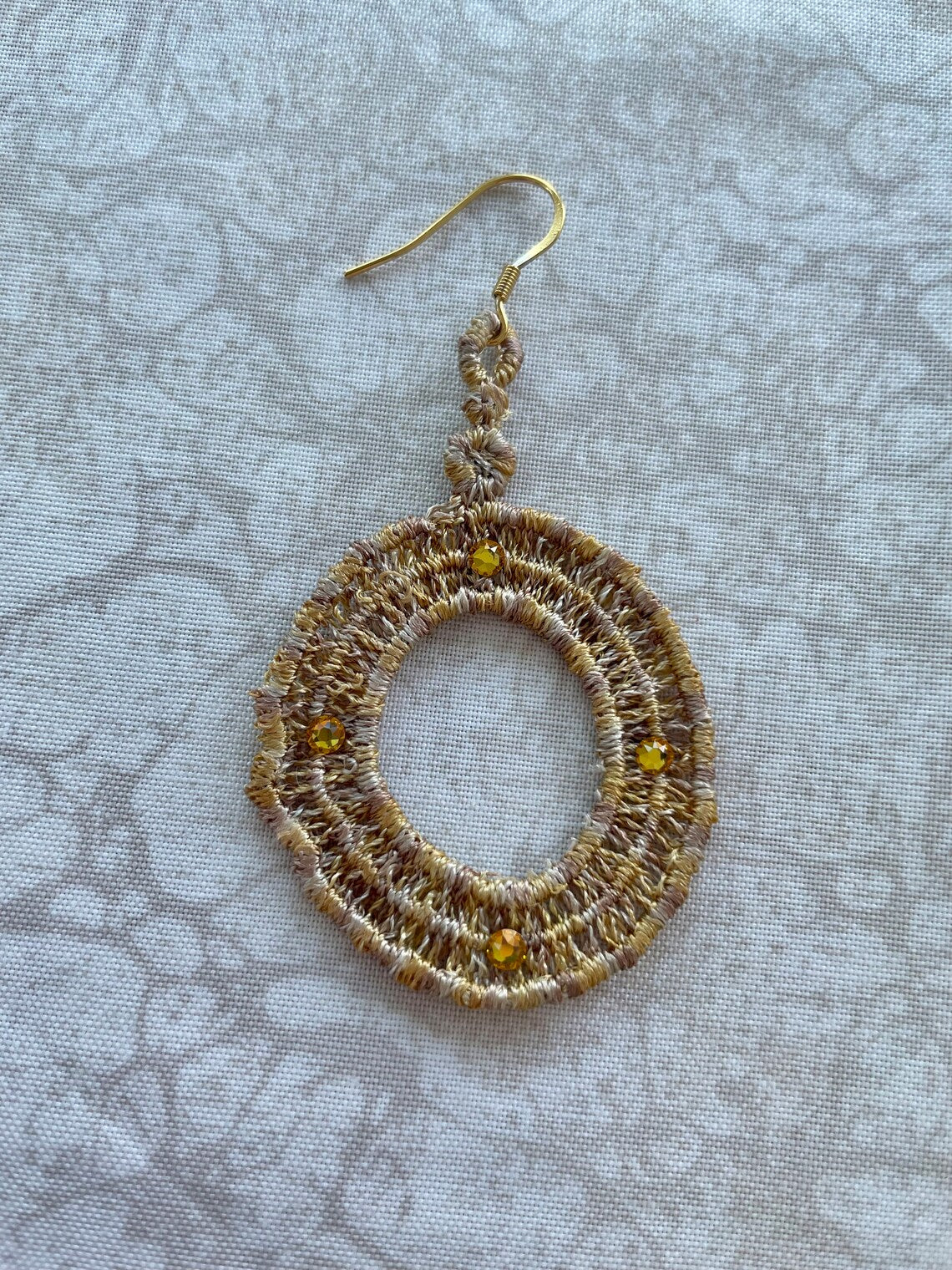 Gold Dangling Hoop Hearings, Circle Dangle Fabric Earrings, Gold Plated Earrings, Lightweight Dangle Earrings, Swarovski Crystal Earrings