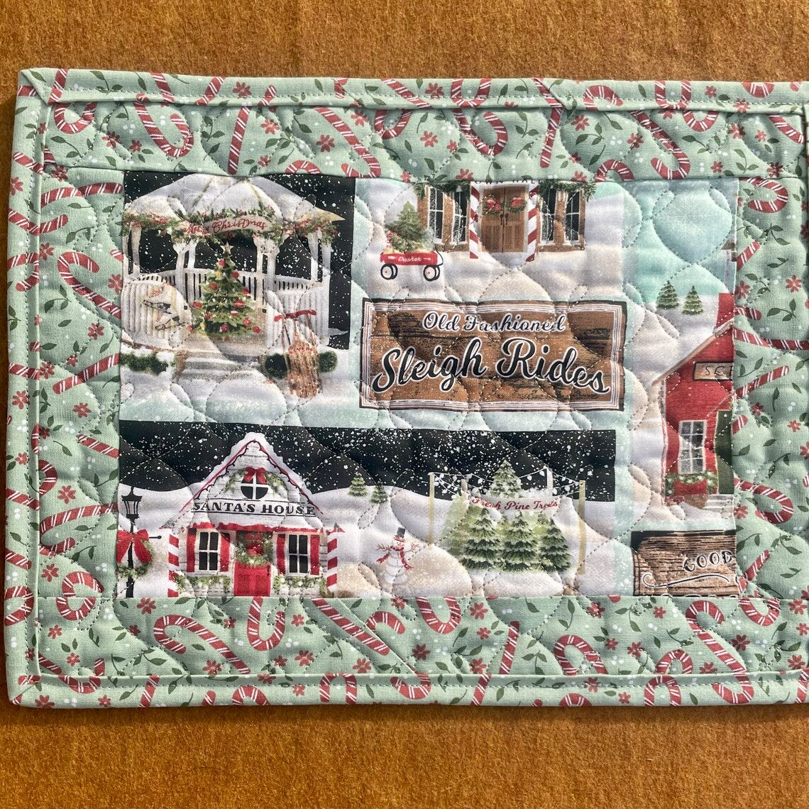 Home for the Holidays Quilted Mug Mat, Winter Candle Mat, Holiday Snack Mat, Christmas Red Truck Handcrafted Placemat, Christmas Village