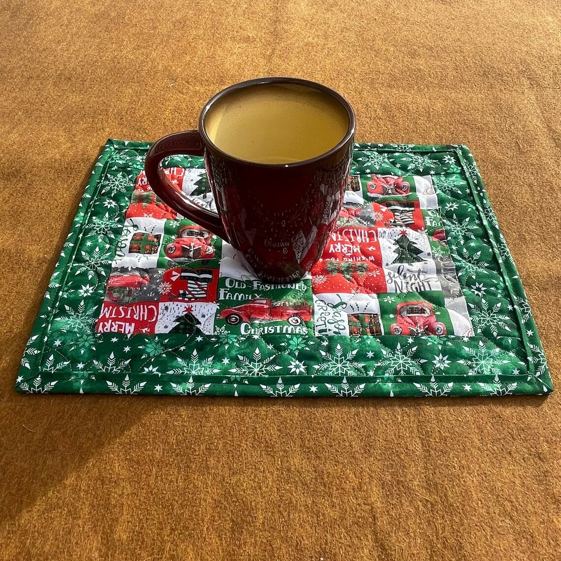 Red Truck Quilted Mug Mat, Christmas Candle Mat, Holiday Snack Mat, Old Fashioned Family Christmas Placemat, Red and Green Kitchen Placemats