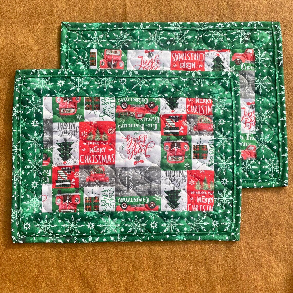 Red Truck Quilted Mug Mat, Christmas Candle Mat, Holiday Snack Mat, Old Fashioned Family Christmas Placemat, Red and Green Kitchen Placemats