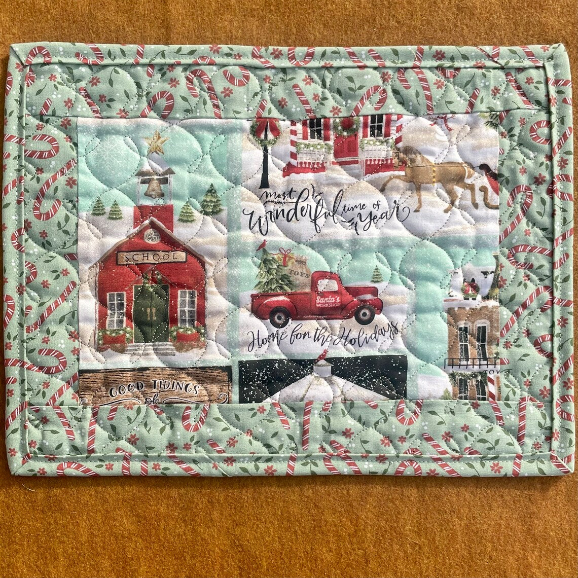Home for the Holidays Quilted Mug Mat, Winter Candle Mat, Holiday Snack Mat, Christmas Red Truck Handcrafted Placemat, Christmas Village