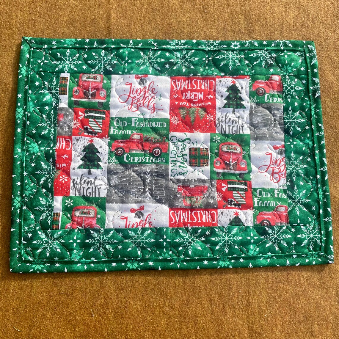 Red Truck Quilted Mug Mat, Christmas Candle Mat, Holiday Snack Mat, Old Fashioned Family Christmas Placemat, Red and Green Kitchen Placemats