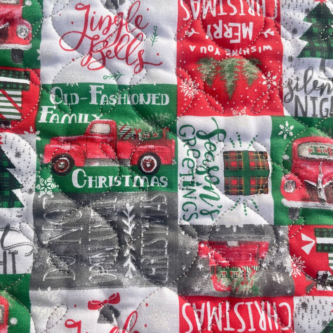 Red Truck Quilted Mug Mat, Christmas Candle Mat, Holiday Snack Mat, Old Fashioned Family Christmas Placemat, Red and Green Kitchen Placemats