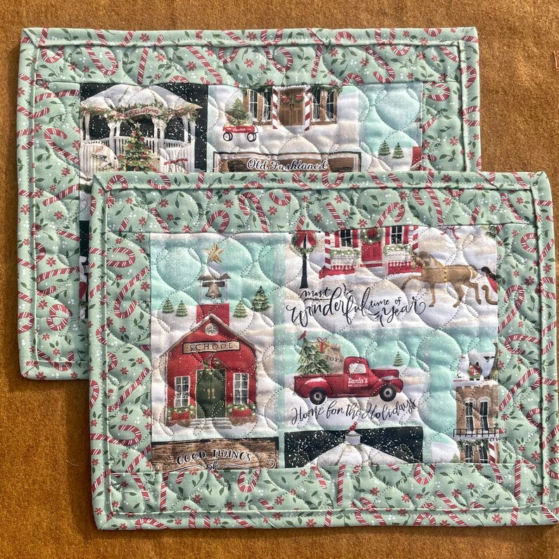 Home for the Holidays Quilted Mug Mat, Winter Candle Mat, Holiday Snack Mat, Christmas Red Truck Handcrafted Placemat, Christmas Village