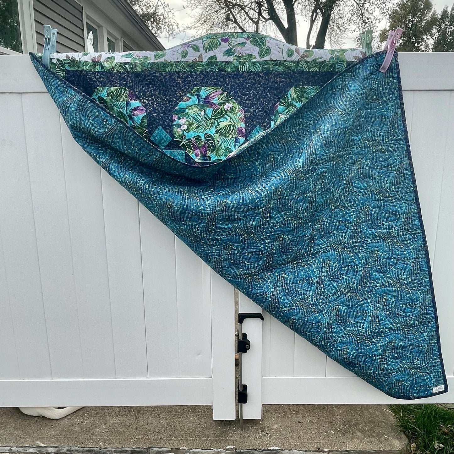 Hummingbird Quilted Throw Blanket, Twin Size Bedding, Blue and Purple Lap Quilt, Monstera Leaf Blanket, Tropical Bedspread, Quilted Blanket