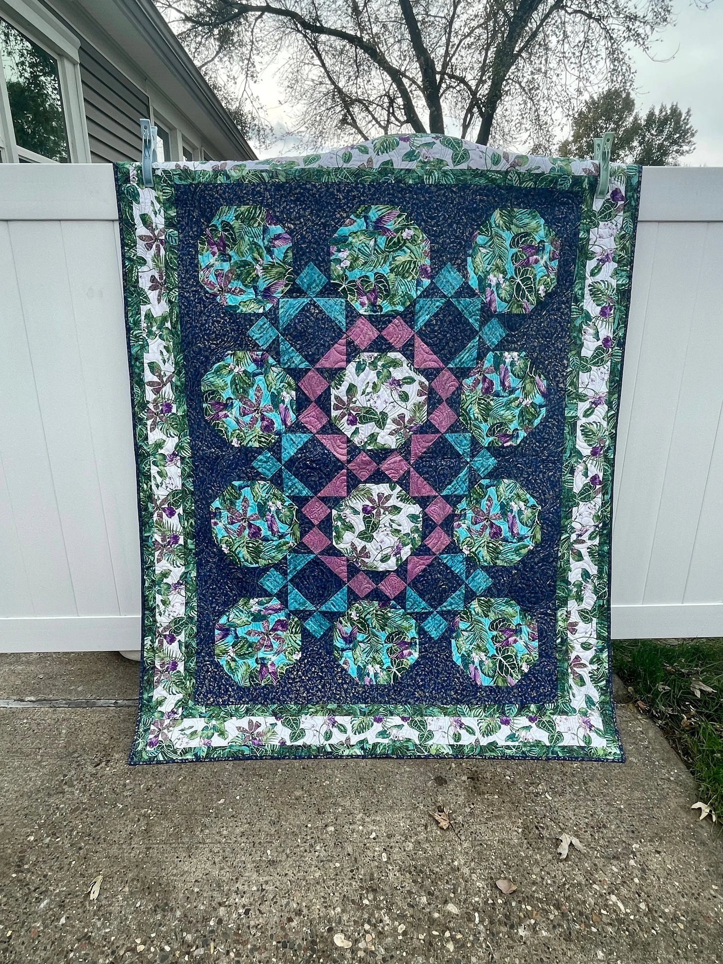 Hummingbird Quilted Throw Blanket, Twin Size Bedding, Blue and Purple Lap Quilt, Monstera Leaf Blanket, Tropical Bedspread, Quilted Blanket