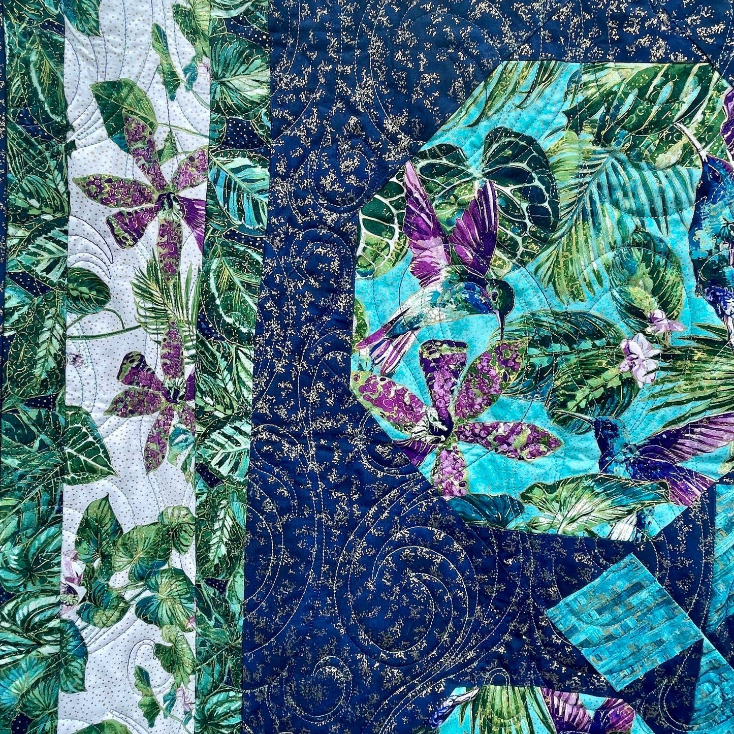 Hummingbird Quilted Throw Blanket, Twin Size Bedding, Blue and Purple Lap Quilt, Monstera Leaf Blanket, Tropical Bedspread, Quilted Blanket