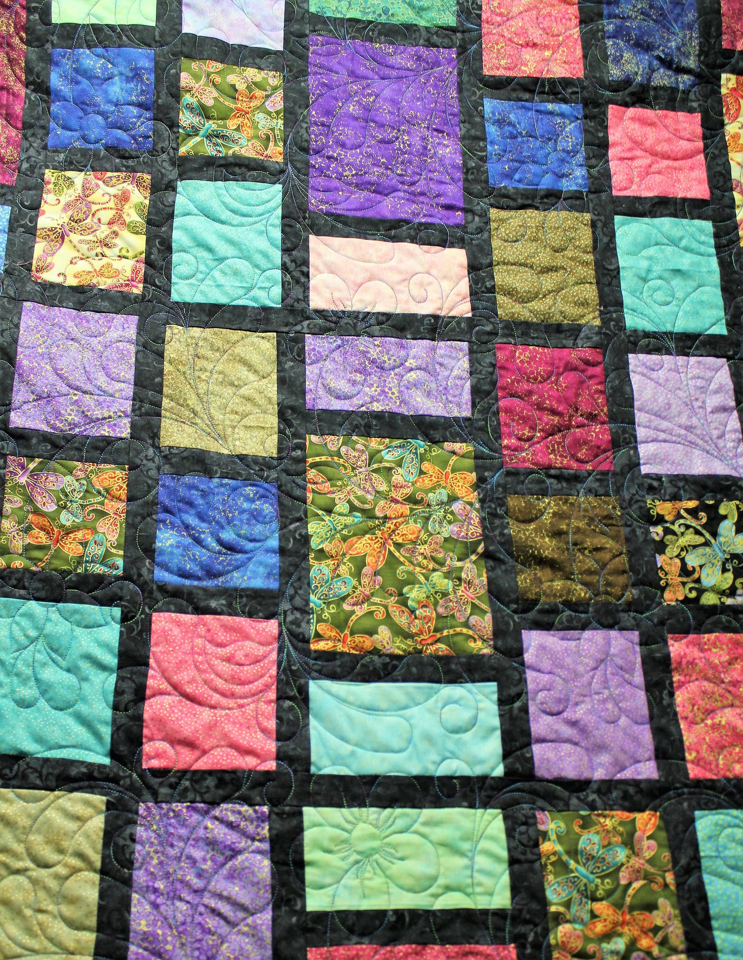 Patchwork Dragonfly Garden King Size Quilt, Rainbow Metallic King Quilt, Stained Glass Adult Quilt, Large Colorful Rainbow Blanket Quilt