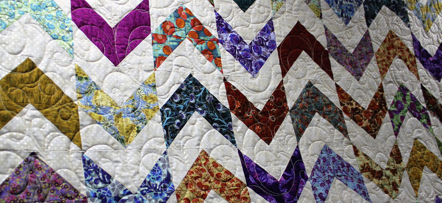 Shuffled Chevrons Floral Twin Size Quilt, Colorful Full Quilt, Purple and Blue Quilted Blanket, Handmade Rainbow Quilt, Quilted Blanket Gift