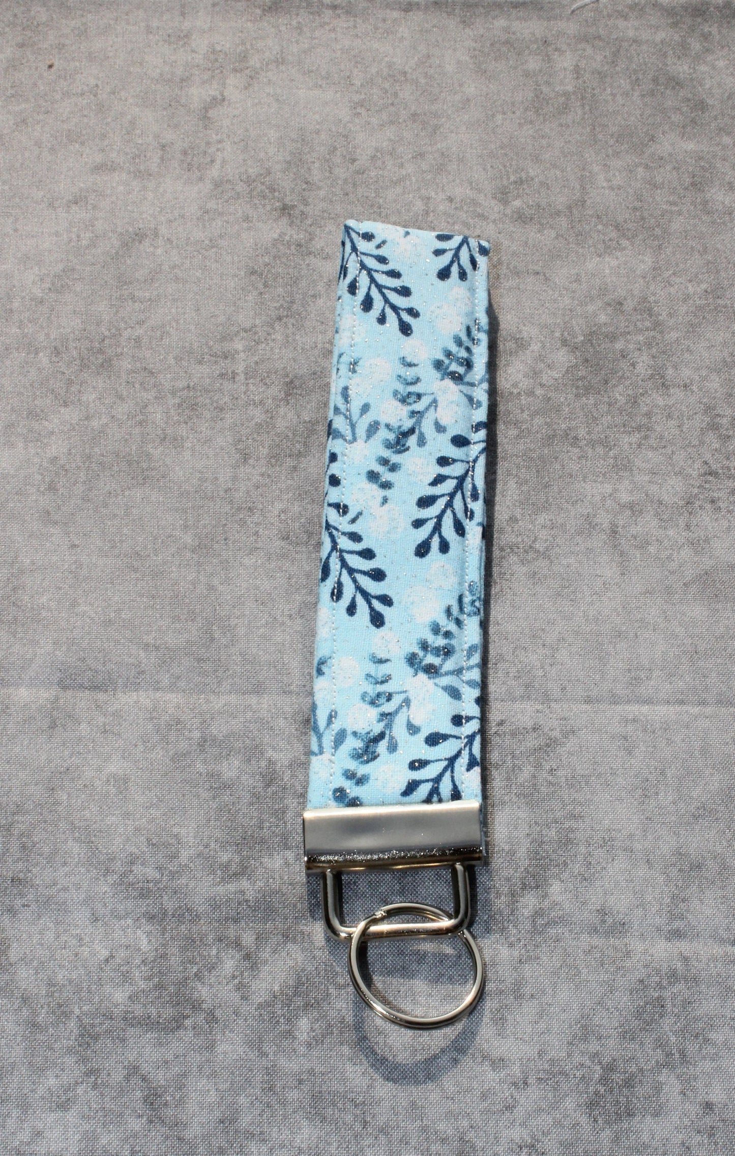 Leaves Quilted Fabric Keychain, Blue and Silver Key Fob, Glitter Keychain, Nature Key Ring, Leaf Keyfob, Plant-Lover Gift, Stocking Stuffer