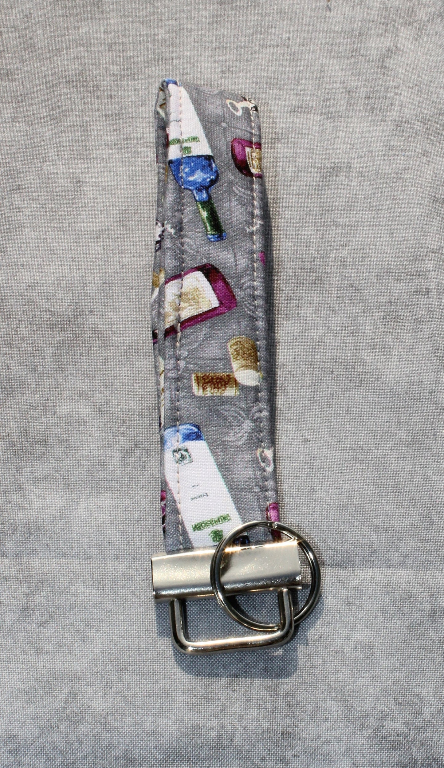 Fabric Wristlet Keychain, Wine Keychain, Wine Bottle Key Fob, Quilted Wristlet Key Ring, Gray Keyfob Keychain, Wine Gift, Stocking Stuffer
