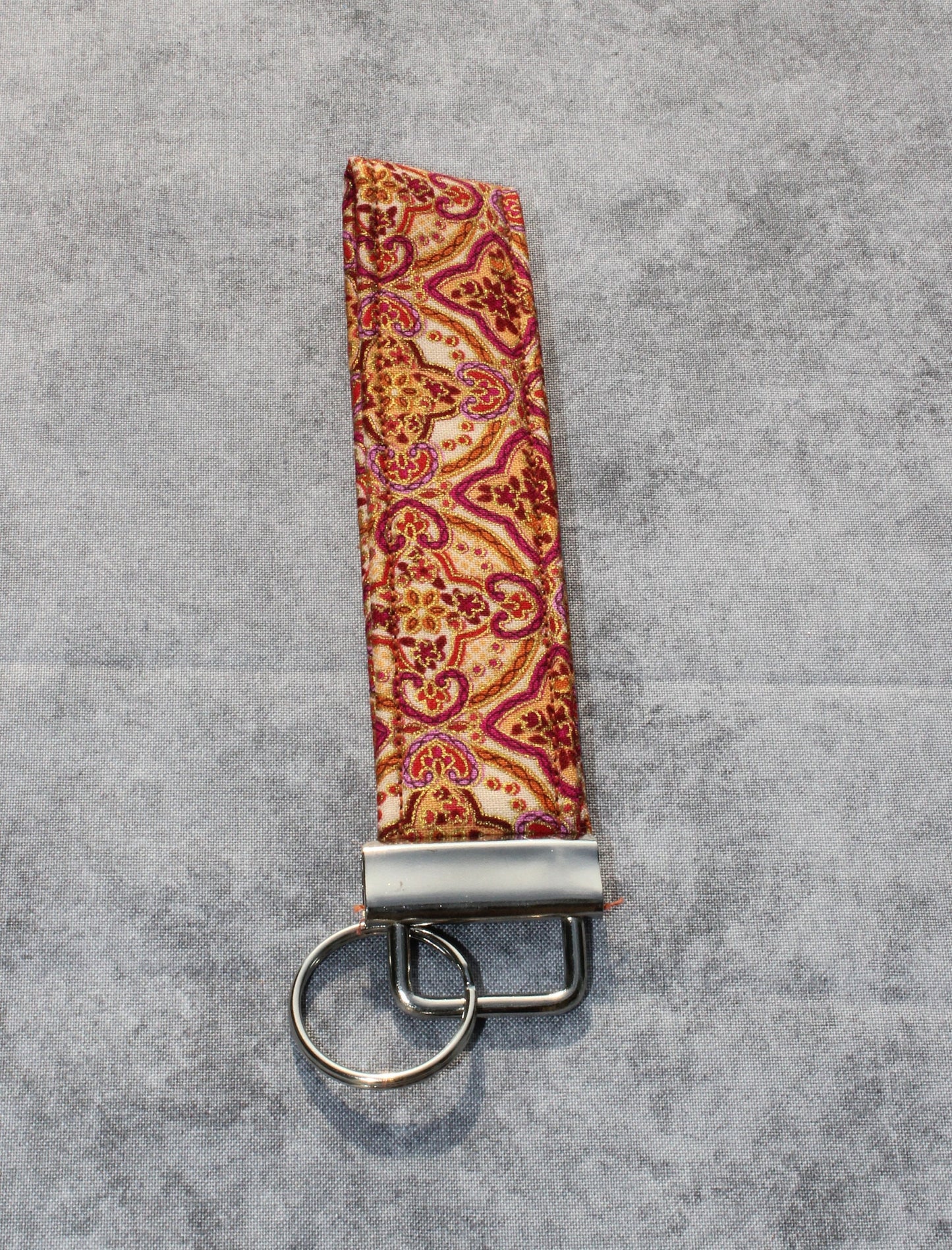 Flower Keychain Wristlet, Quilted Key Fob, Pink and Gold Floral Key Ring, Geometric Keychain, Fabric Wristlet, Great Stocking Stuffer Gift