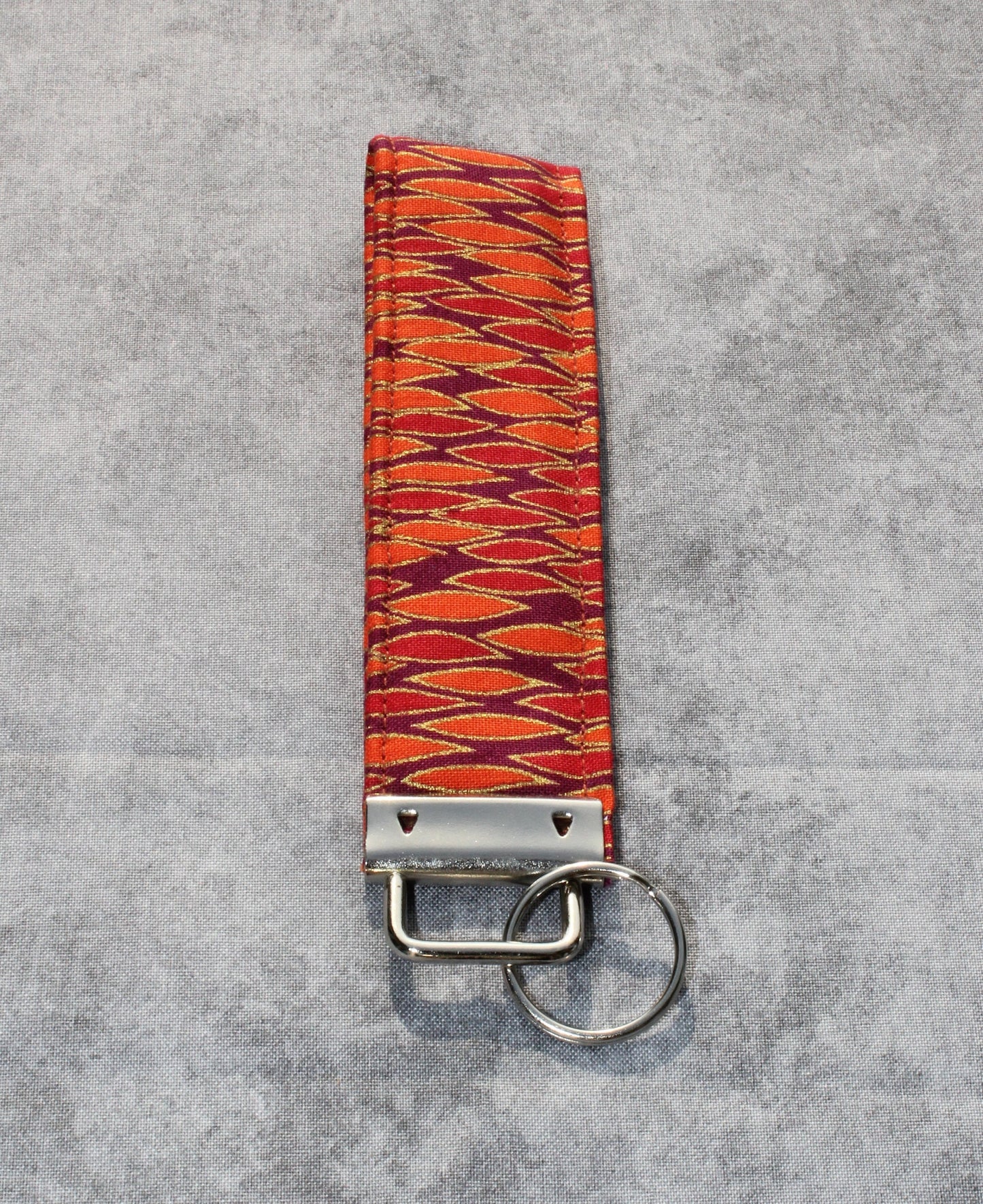 Quilted Keychain Wristlet, Fabric Key Fob, Red and Gold Short Lanyard, Orange and Red Geometric Keyfob, Striped Keychain, Stocking Stuffer