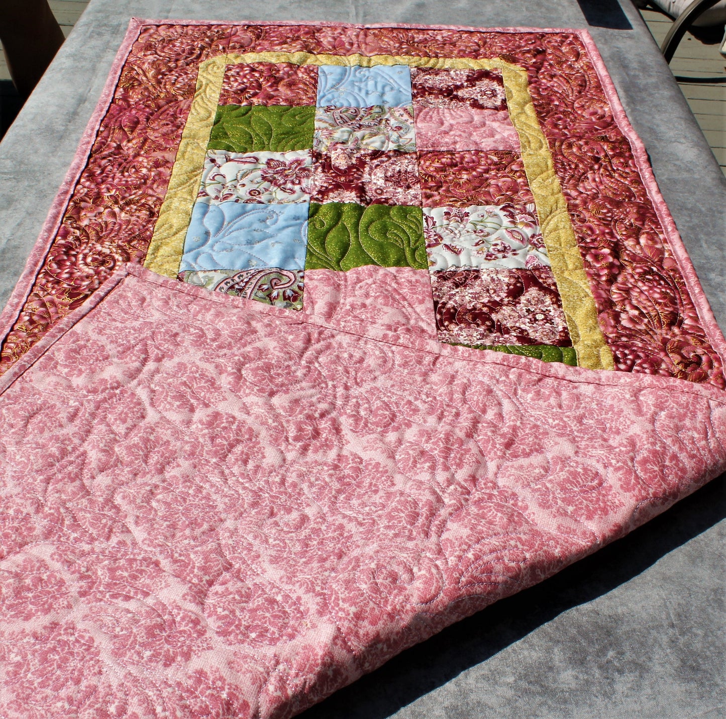 Quilted Table Runner, Pink and Green Table Decor, Floral Table Runner, Paisley Runner, Summer Table Runner, Pink Flower Table Protector Gift