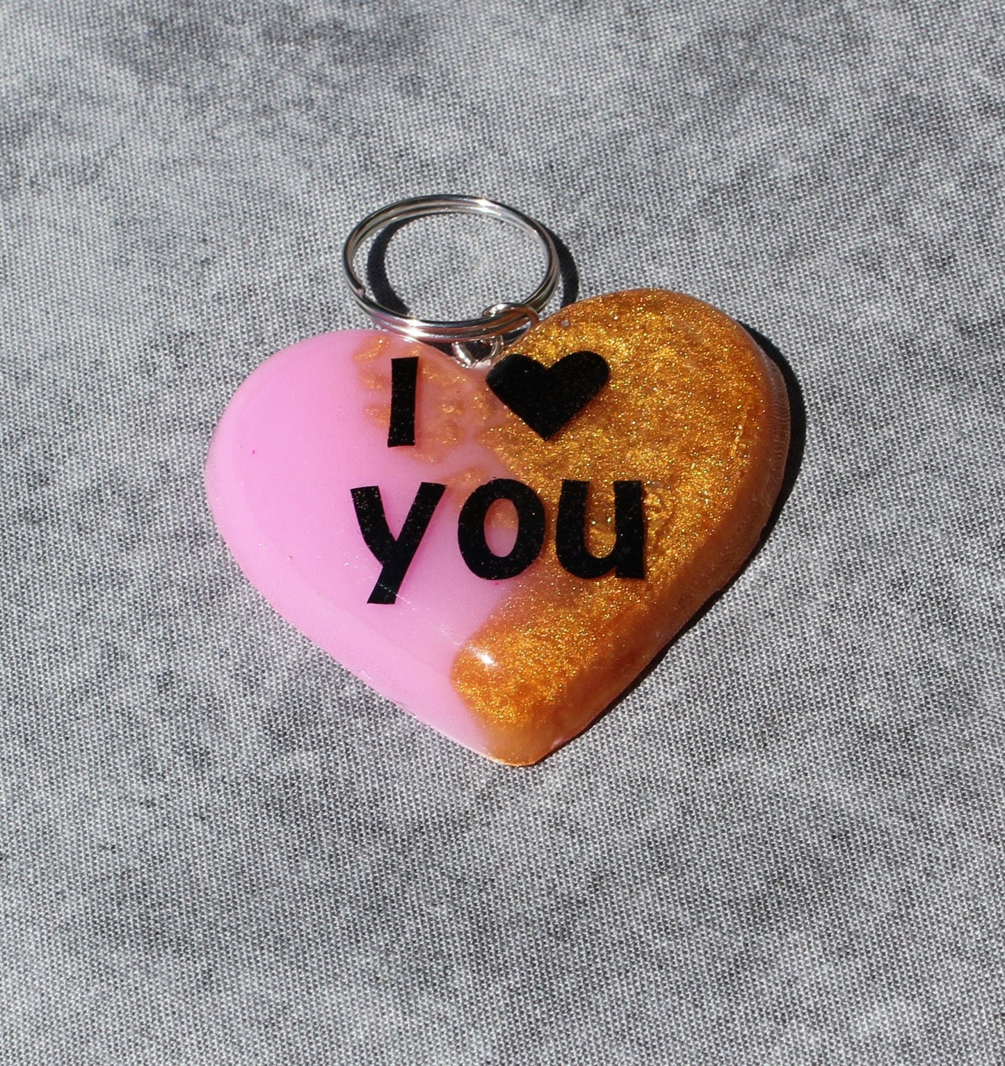 Large Resin Heart Keychain, Glitter Gold and Pastel Pink Resin Charm, I Love You Keychain Gift, Heartfelt Gift, Heart Keychain