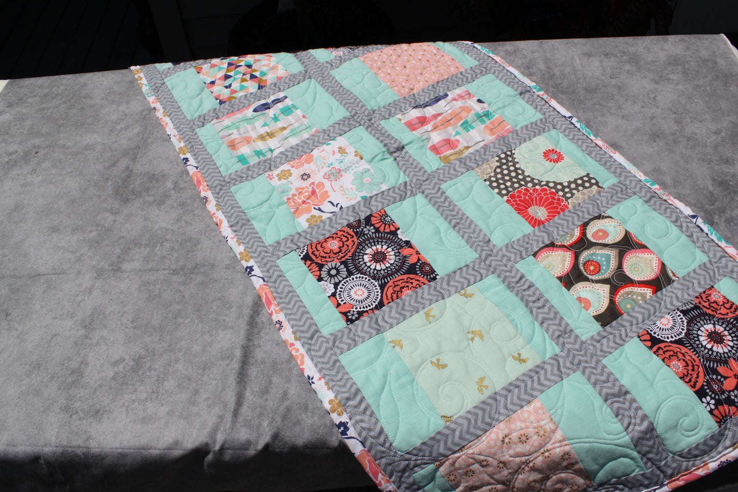 Flower Table Runner, Spring Table Mat, Pink and Teal Floral Handcrafted Runner, Flower Home Decor Gift, Pink and Blue Quilted Table Runner