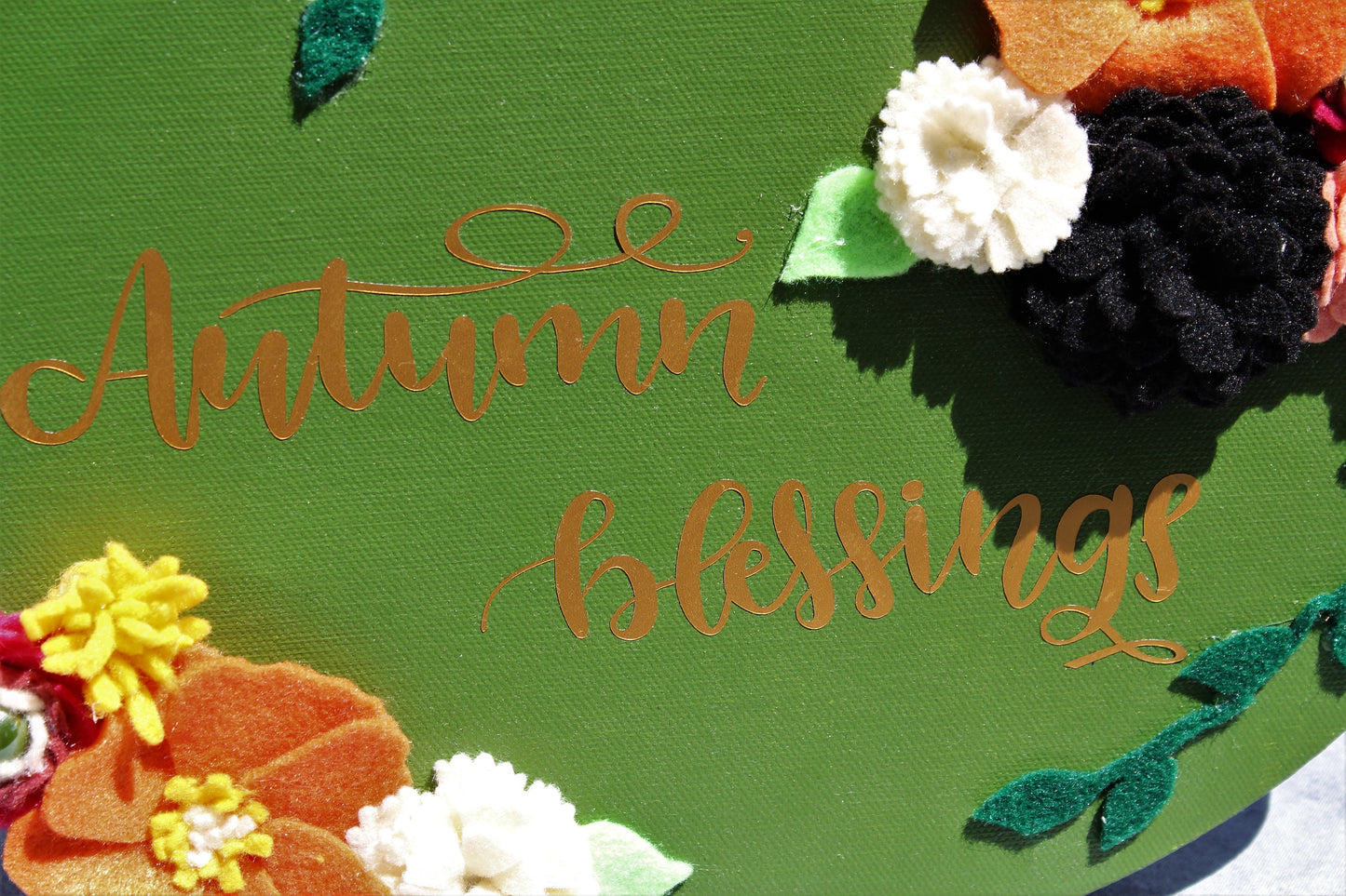 Autumn Blessing Canvas Painting, Felt Flower Wall Decor, Fall Floral Wall Art, Green and Orange Harvest Gift Set, Thanksgiving Wall Hanging