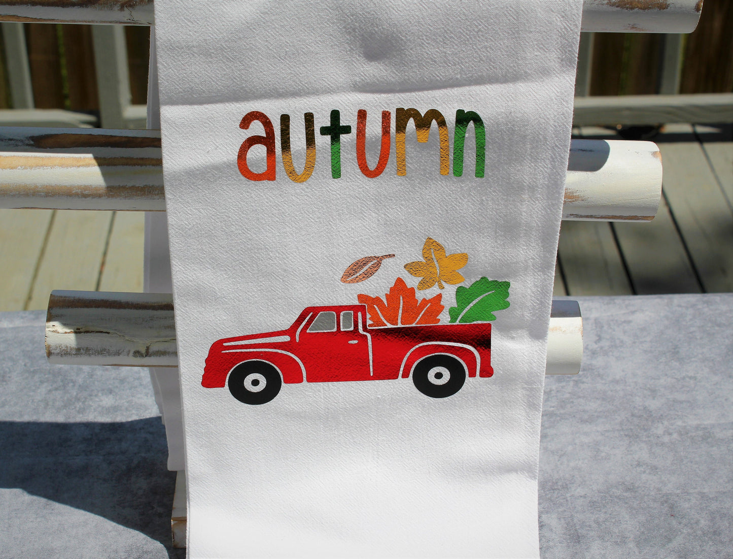 Fall Leaves and Red Truck Decorative Flour Sack Tea Towel