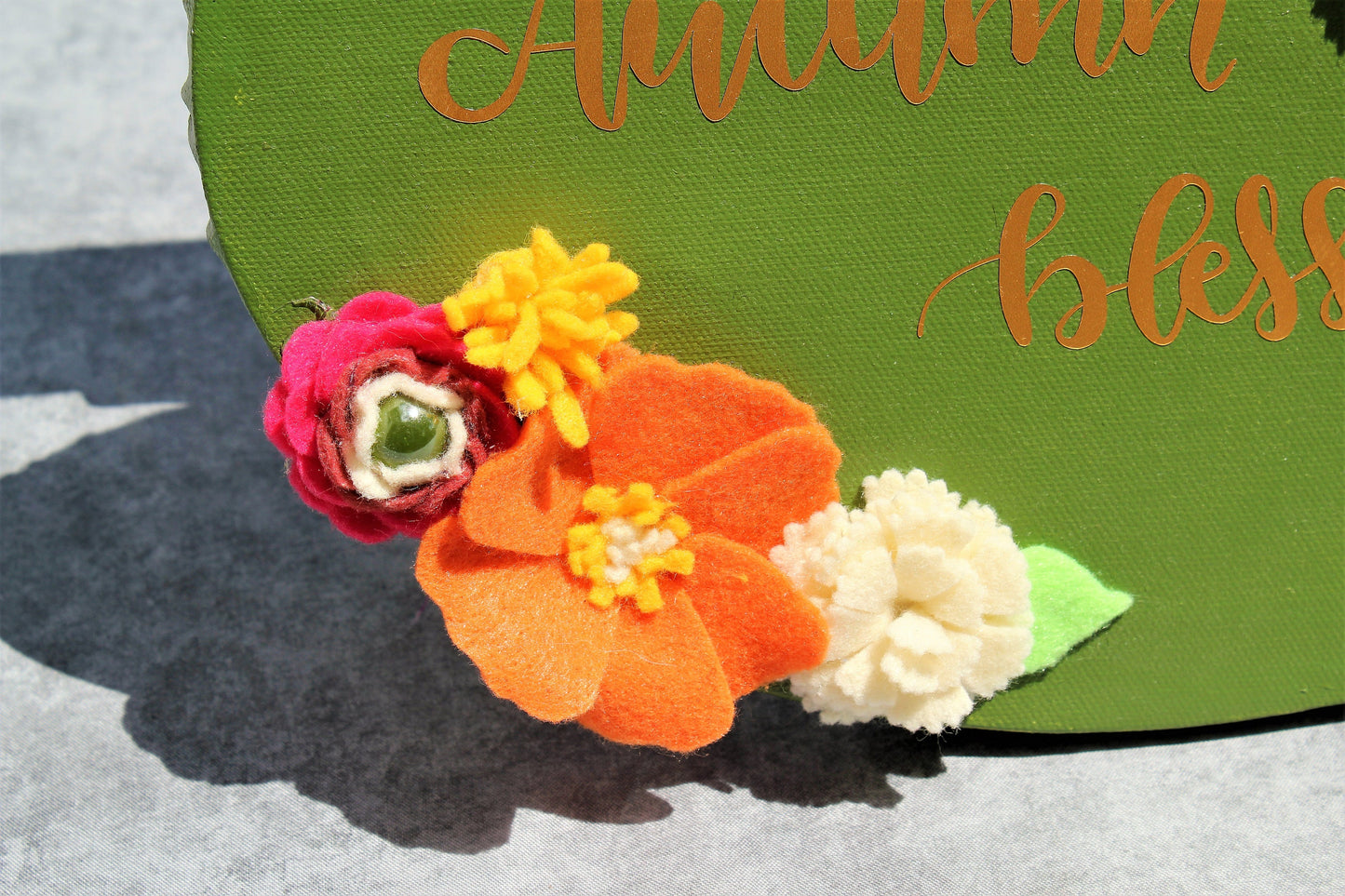 Autumn Blessing Canvas Painting, Felt Flower Wall Decor, Fall Floral Wall Art, Green and Orange Harvest Gift Set, Thanksgiving Wall Hanging