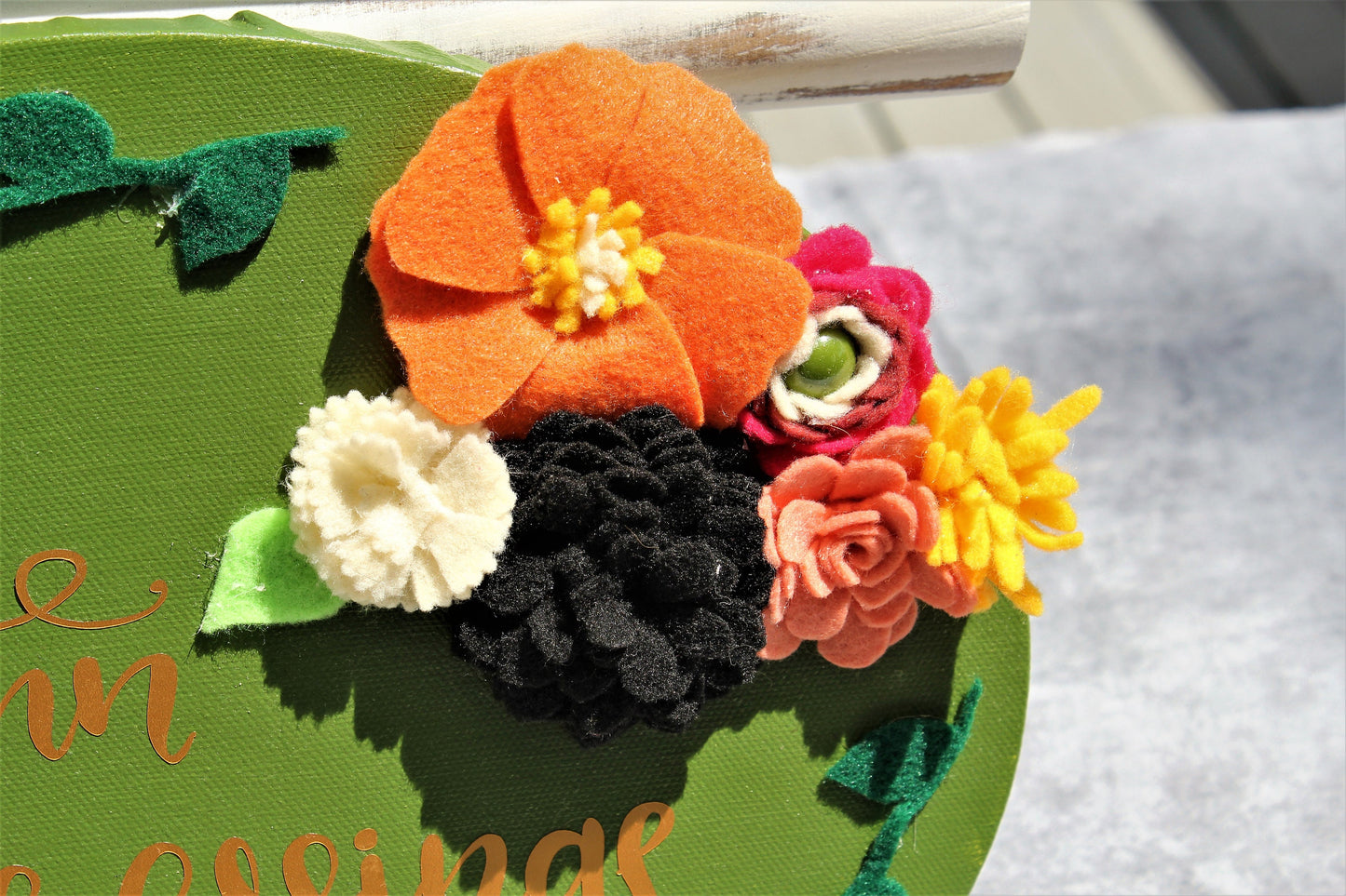 Autumn Blessing Canvas Painting, Felt Flower Wall Decor, Fall Floral Wall Art, Green and Orange Harvest Gift Set, Thanksgiving Wall Hanging