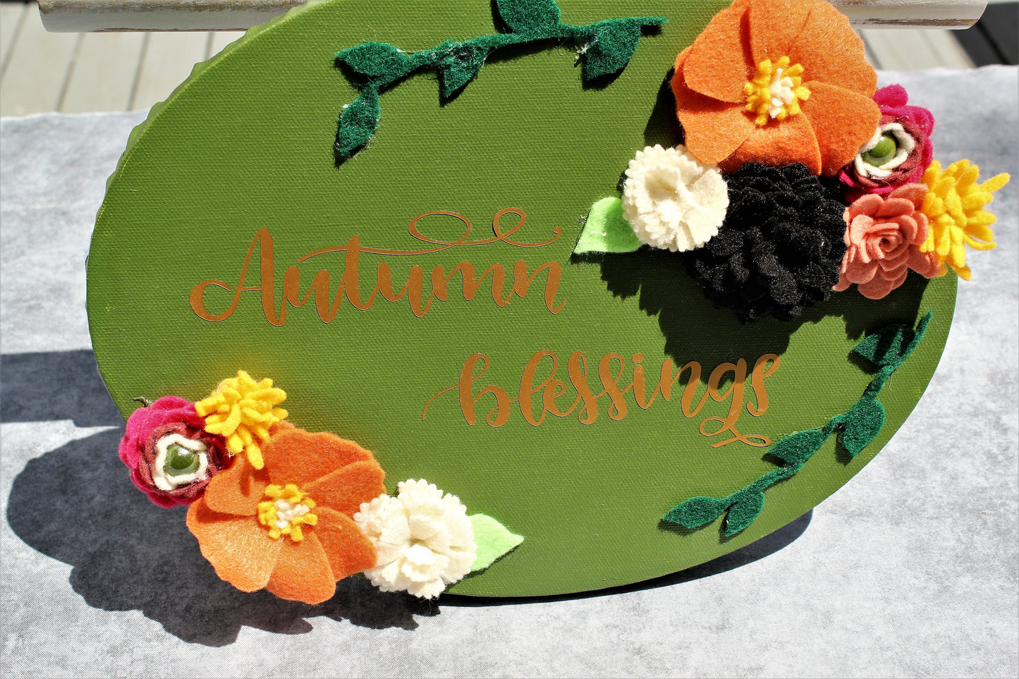 Autumn Blessing Canvas Painting, Felt Flower Wall Decor, Fall Floral Wall Art, Green and Orange Harvest Gift Set, Thanksgiving Wall Hanging