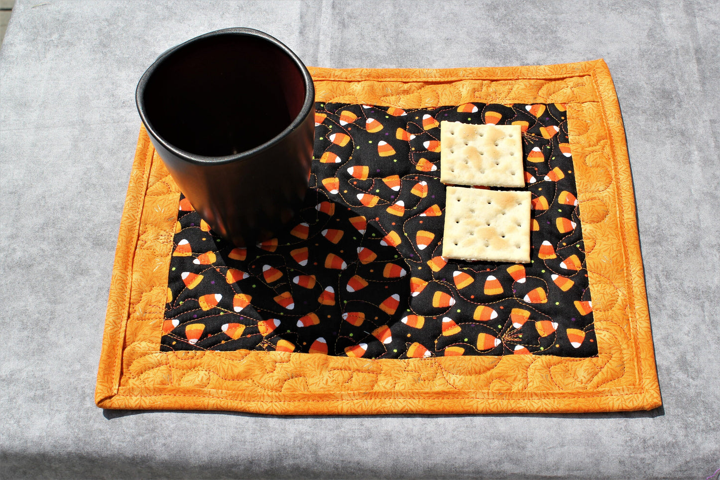 Candy Corn Mug Rug, Handcrafted Snack Mat, Halloween Spiders Placemat, Spooky Halloween Coaster, Fall Table Mug Mat, Halloween Tableware Set