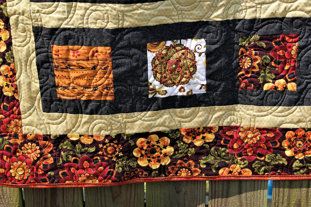 Orange and Red Floral Wall Hanging in Orange Colors, Floral Sampler Quilt, Quilted Wall Decor, Floral Lap Quilt, Red Orange Quilted Blanket