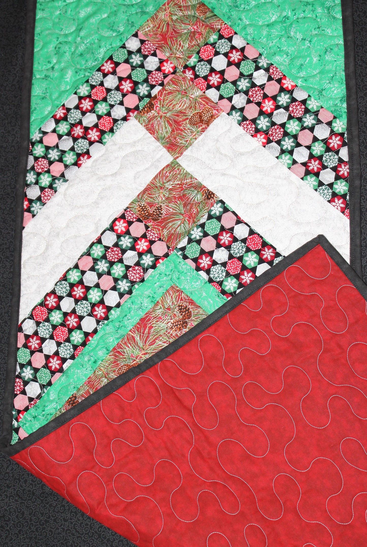 Pine Cone Table Runner, Holiday Glitter Quilted Runner, Winter Trees Table Cover, Red Gift Tableware, Snowflake Kitchen Table Protector