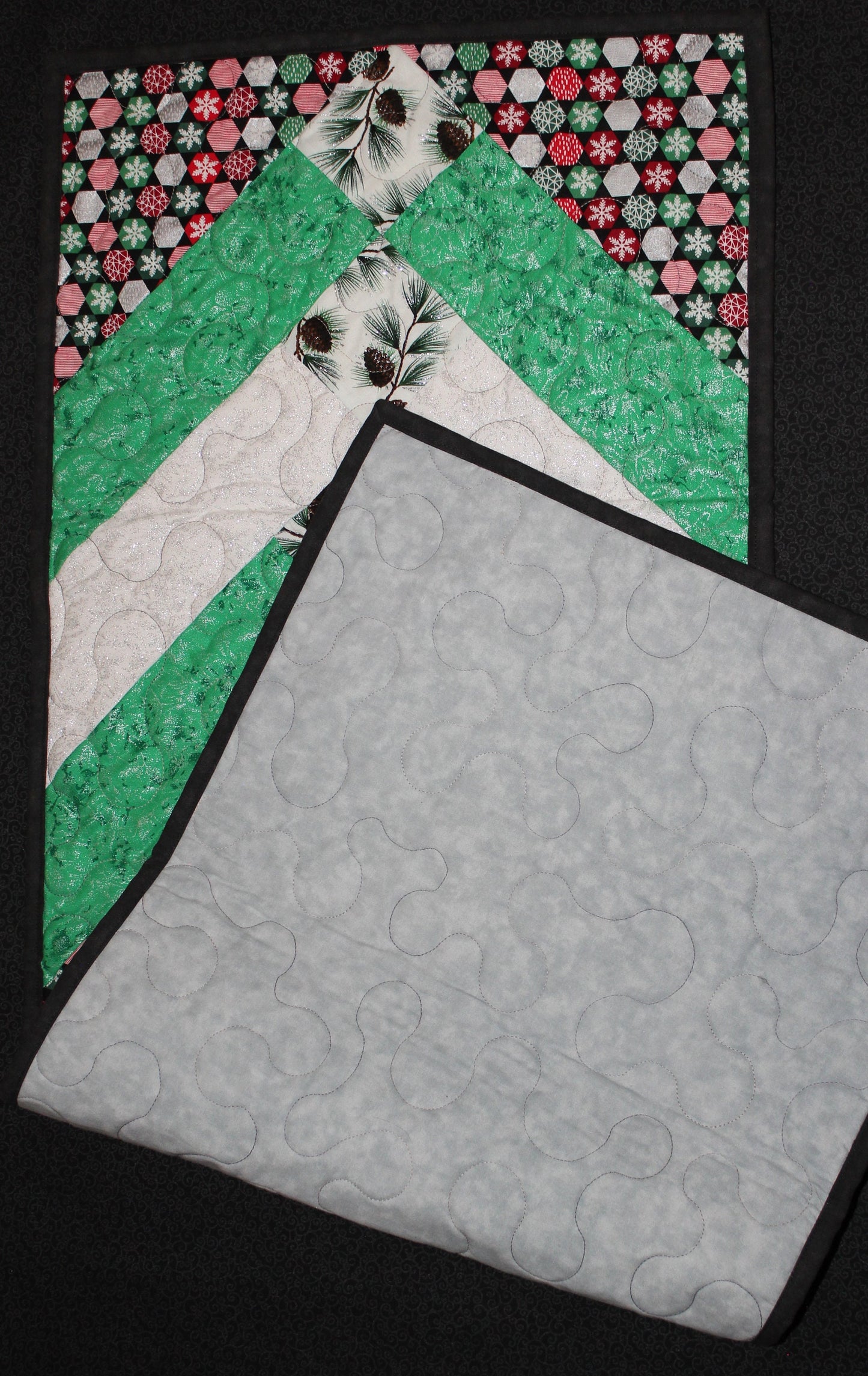 Pine Cone Table Runner, Holiday Glitter Quilted Runner, Winter Trees Table Cover, Green Gift Tableware, Snowflake Kitchen Table Protector