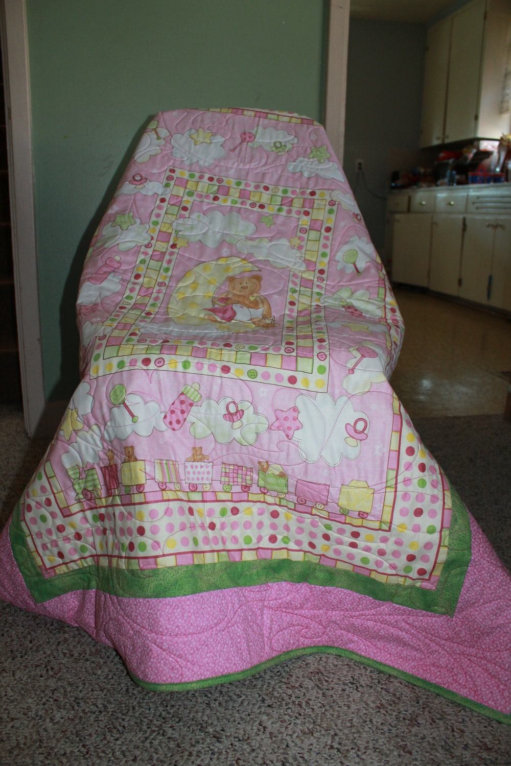 Moon Bears in Pink and Green crib Quilt, Pink Nursery Wall Hanging, Teddy Bear Baby Blanket, Pink Nursery Lap Quilt, Quilted Baby Blanket