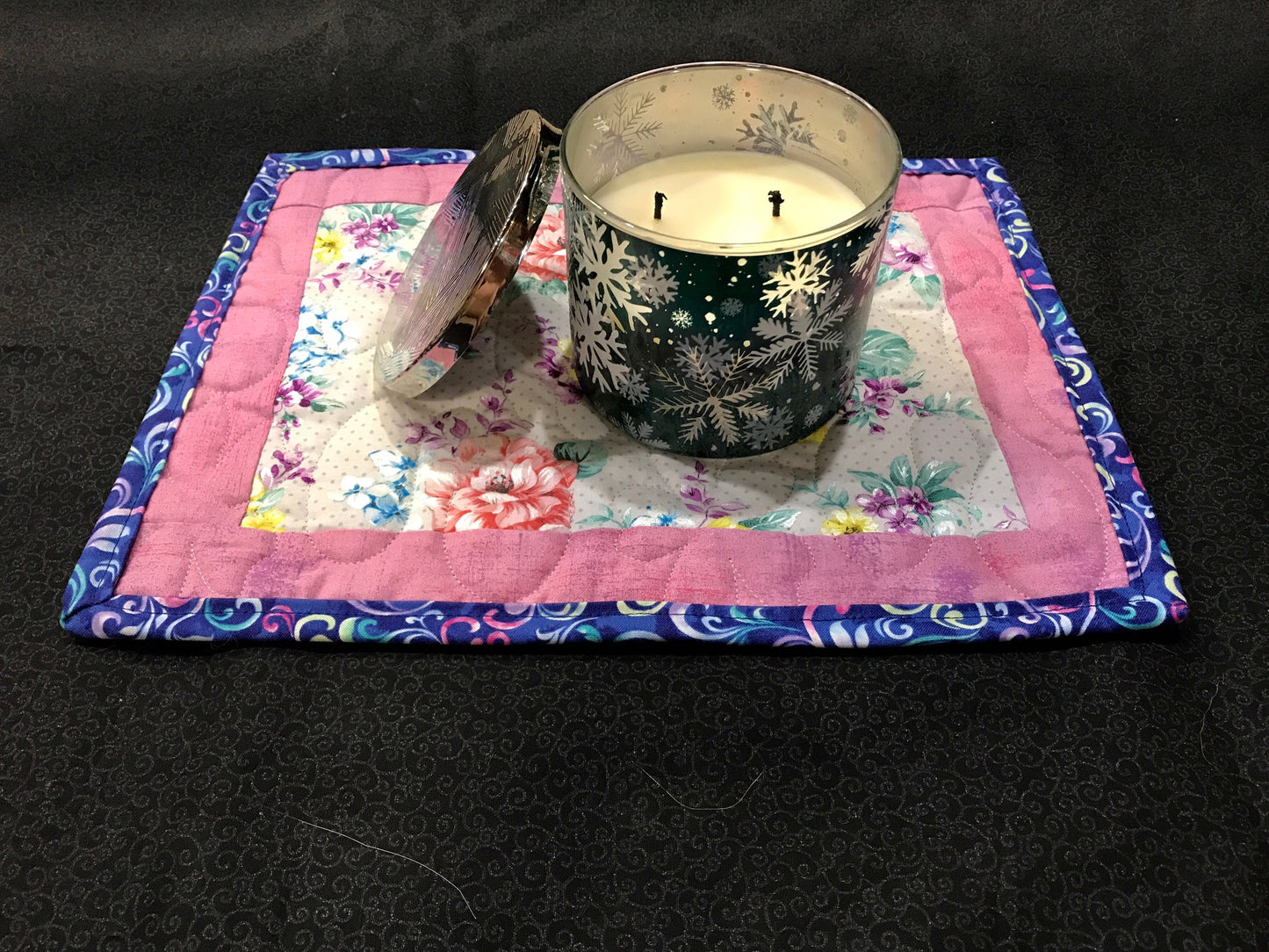 Pink Flower Quilted Mug Mat, Floral Candle Mat, Quilted Snack Mat, Handcrafted Placemat, Blooming Flower Mug Rug, Pastel Kitchen Coaster