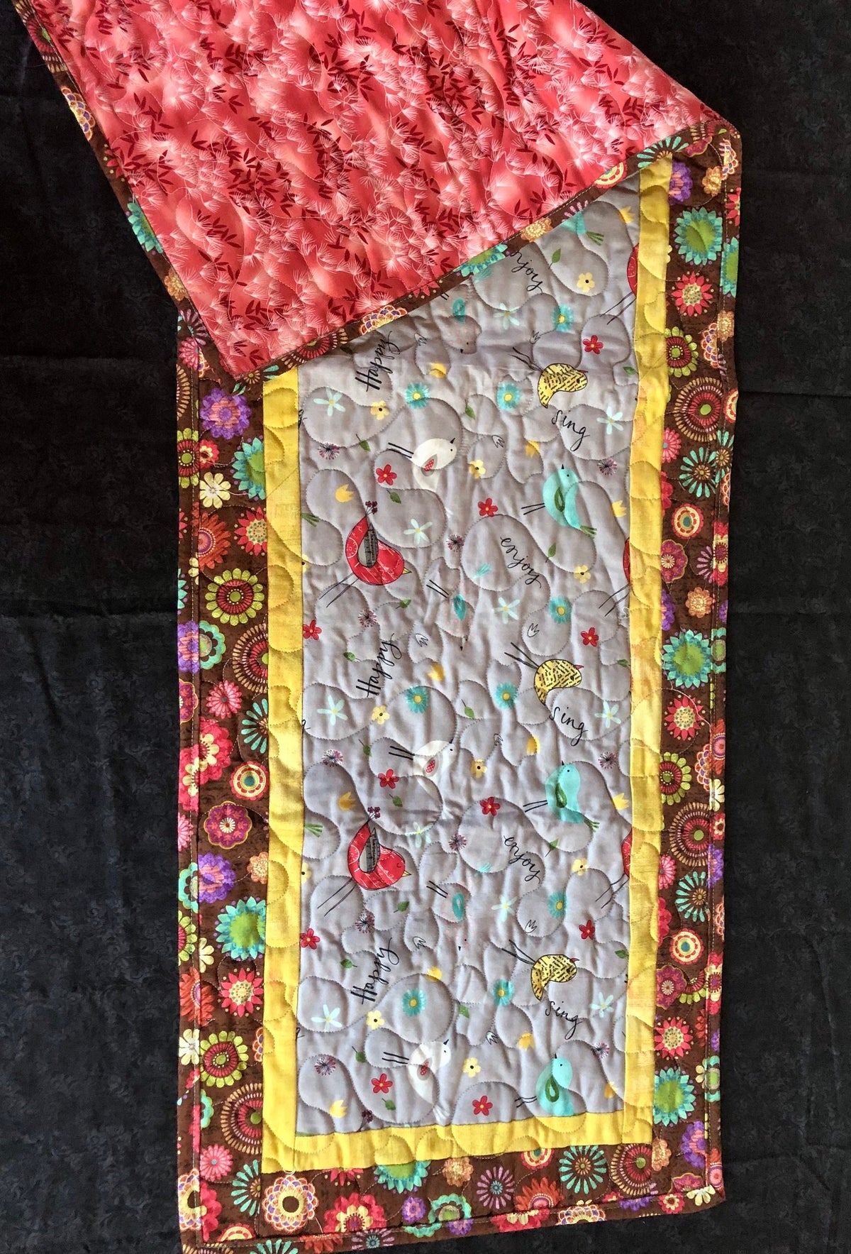Colorful Songbirds Quilted Table Runner, Music Table Decor, Flowers and Birds Table Runner, Rainbow Flower Runner, Cheery Table Decor GIft