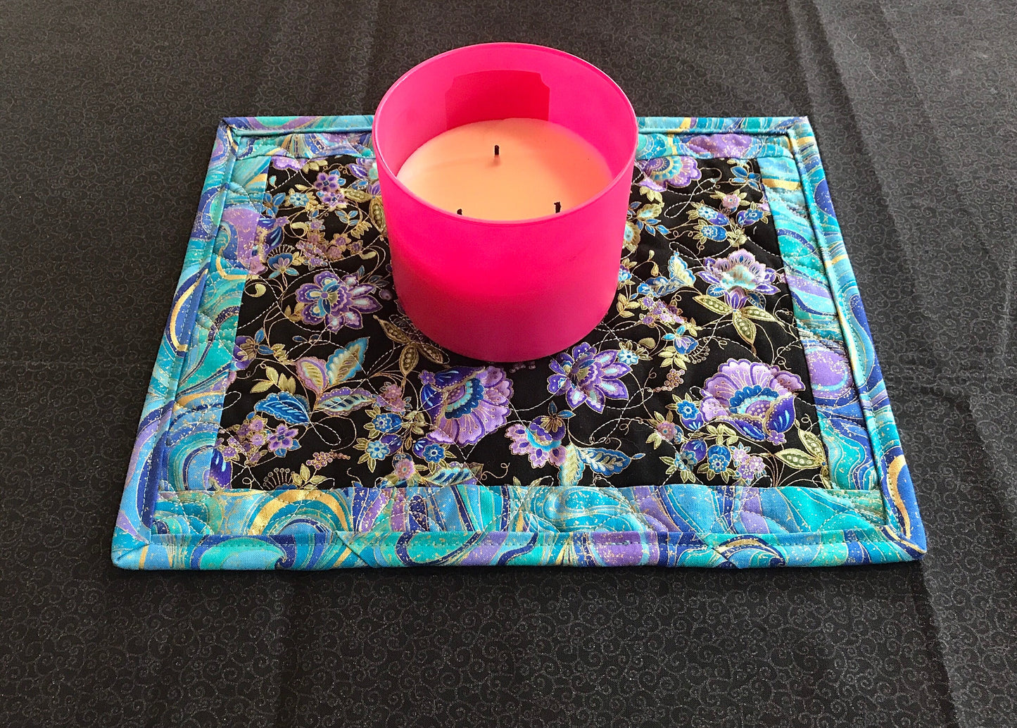 Teal and Purple Quilted Mug Mat, Floral Candle Mat, Quilted Snack Mat, Handcrafted Placemat, Colorful Swirls Flower Mug Rug, Kitchen Coaster
