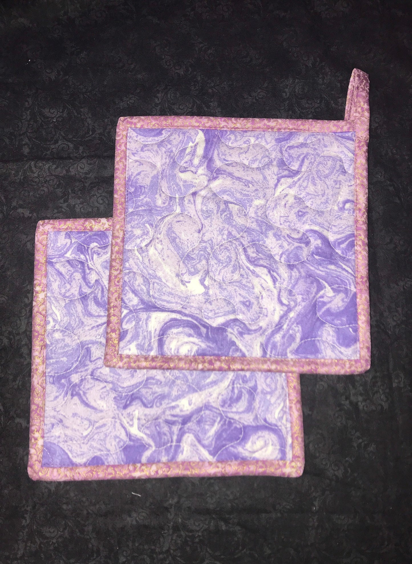 Set of 2 Purple and Turquoise Flower Quilted Potholders, Purple Hanging Hot Pads, Blue Trivets, Floral Potholder Set, Teal Flower Potholders