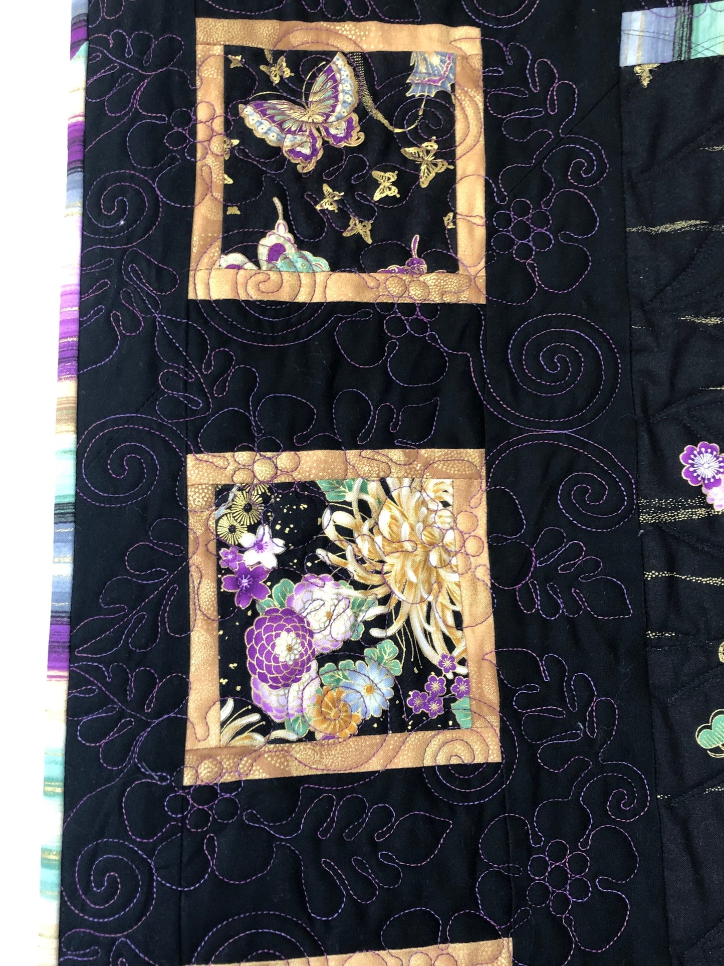 Purple and Gold Magestic Mountain Throw, Crystal Metallic Wall Hanging, Floral Fabric Art Quilt, Custom Quilted Wall Decor