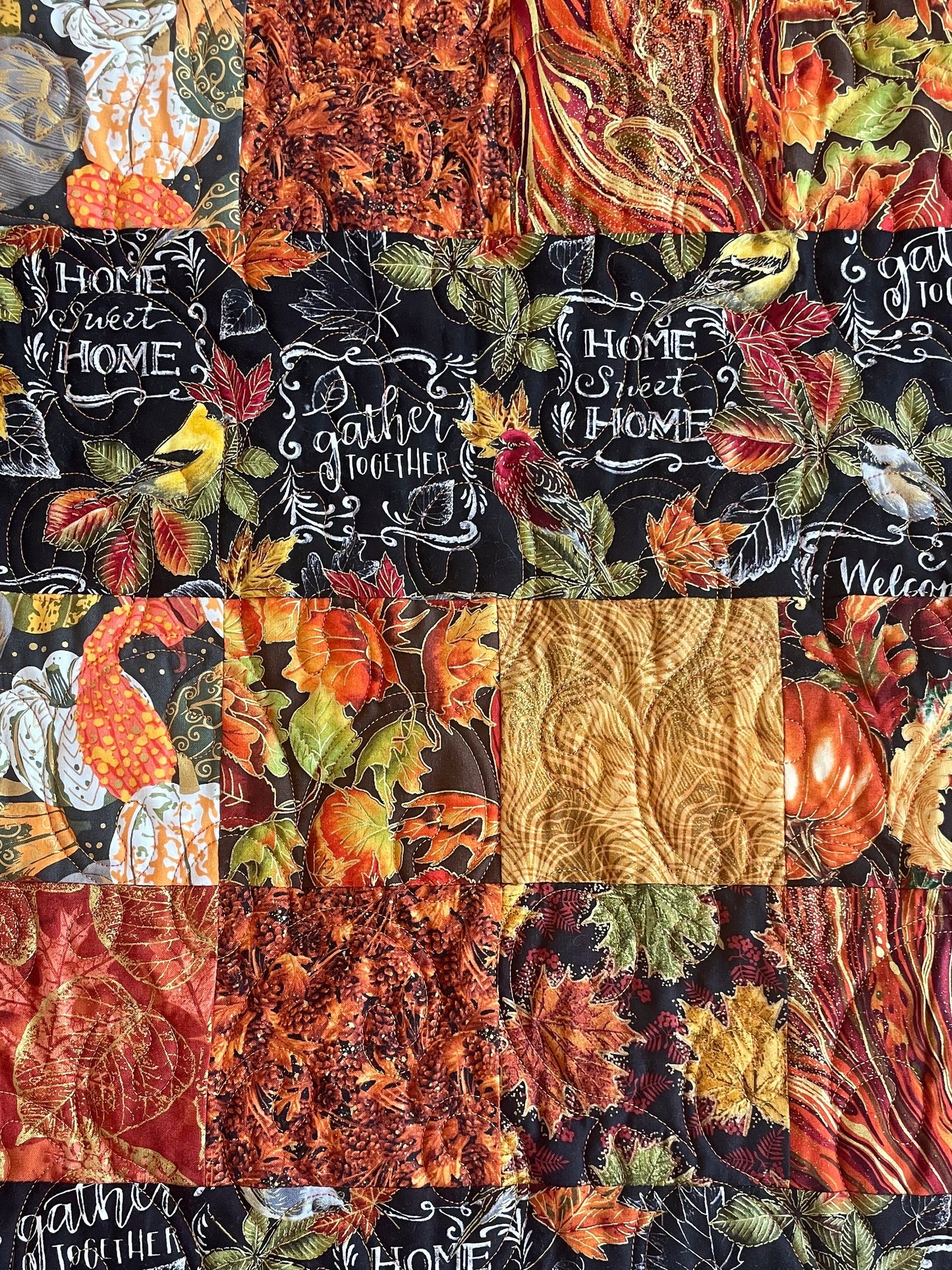 Fall Autumn Table Decor, Orange Gold Green Leaves Fall Decor, Pumpkin Table Runner, Thanksgiving Quilt, Fall Quilted Table Runner, Gold Fall