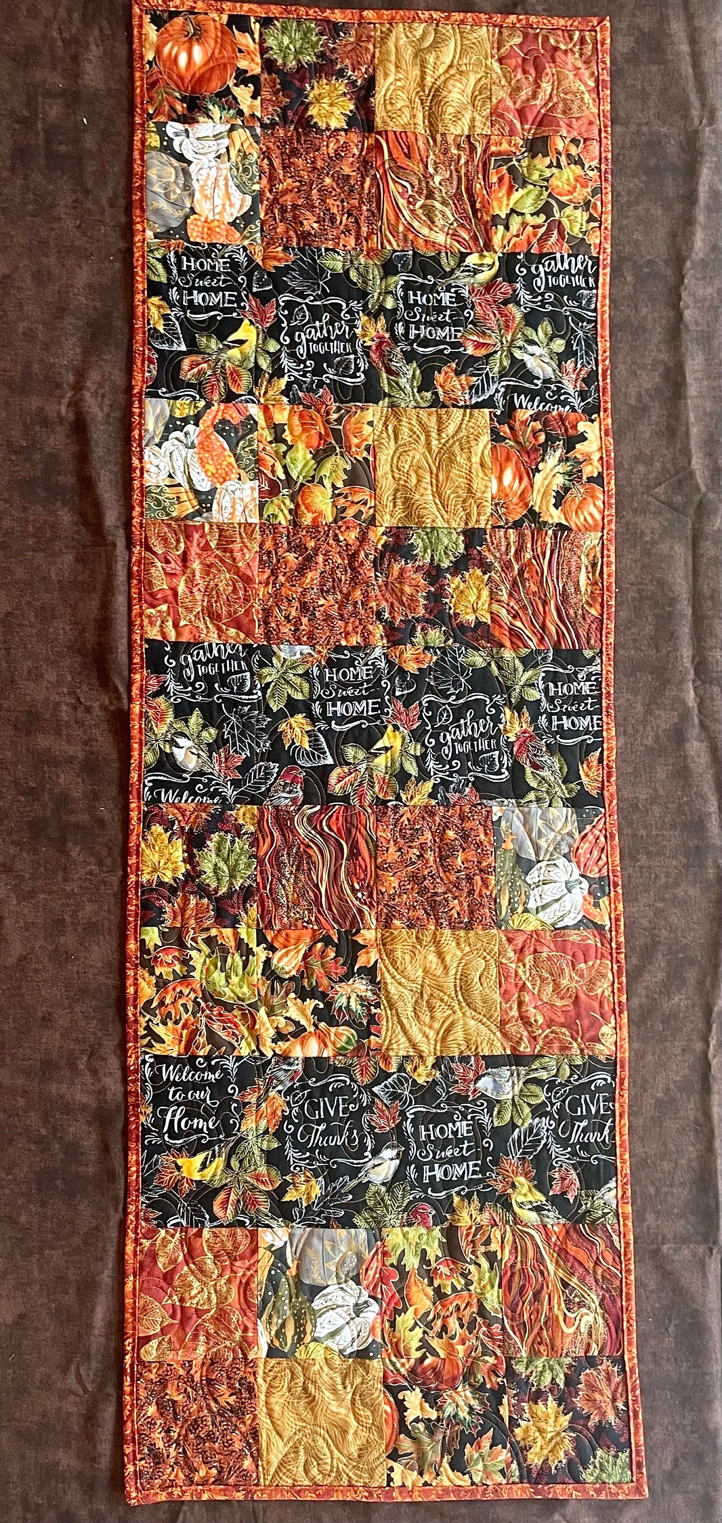 Fall Autumn Table Decor, Orange Gold Green Leaves Fall Decor, Pumpkin Table Runner, Thanksgiving Quilt, Fall Quilted Table Runner, Gold Fall