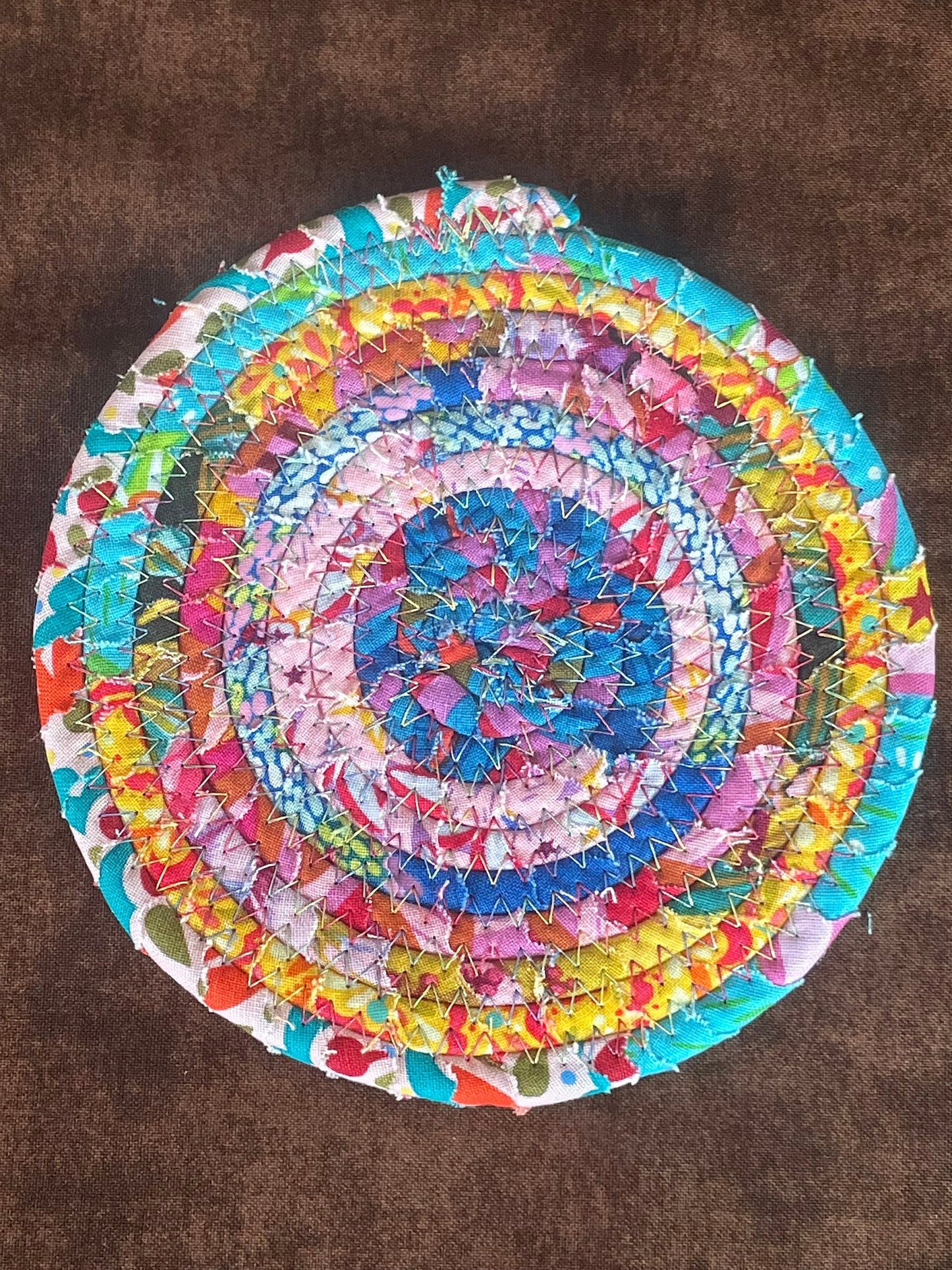 Yellow and Blue Clothesline and Fabric Coaster Set of 4, Oversized Quilted Circle Coaster, Rolled Rope Large Coaster, Quilted Kitchen Trivet