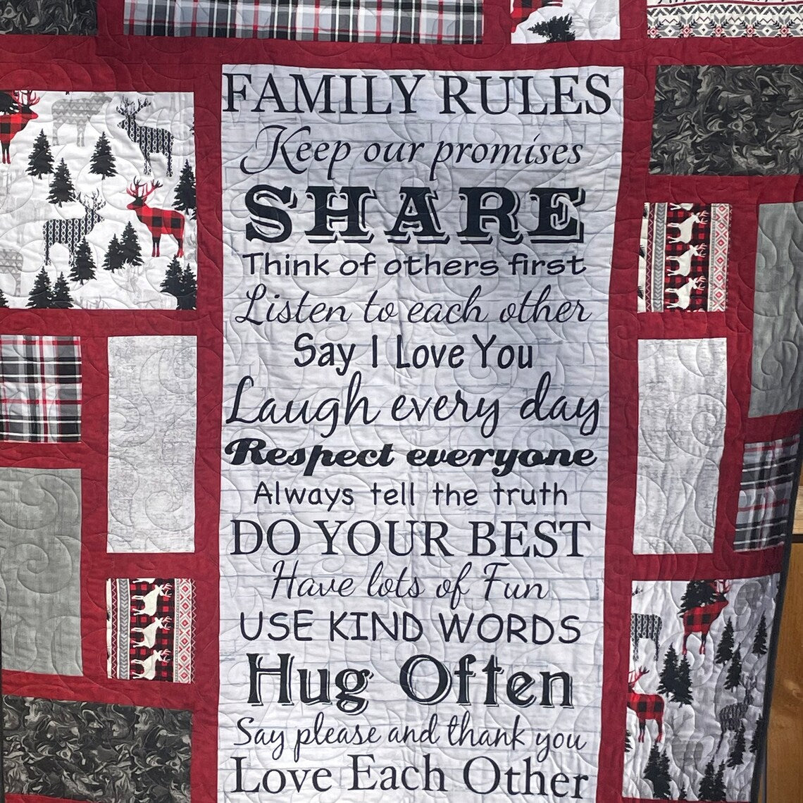 Family Rules Wall Art, In This House Sign, Plaid Deer Wall Hanging Quilt, Quilted Wall Art, Plaid Throw Blanket, Plaid Quilted Throw Blanket