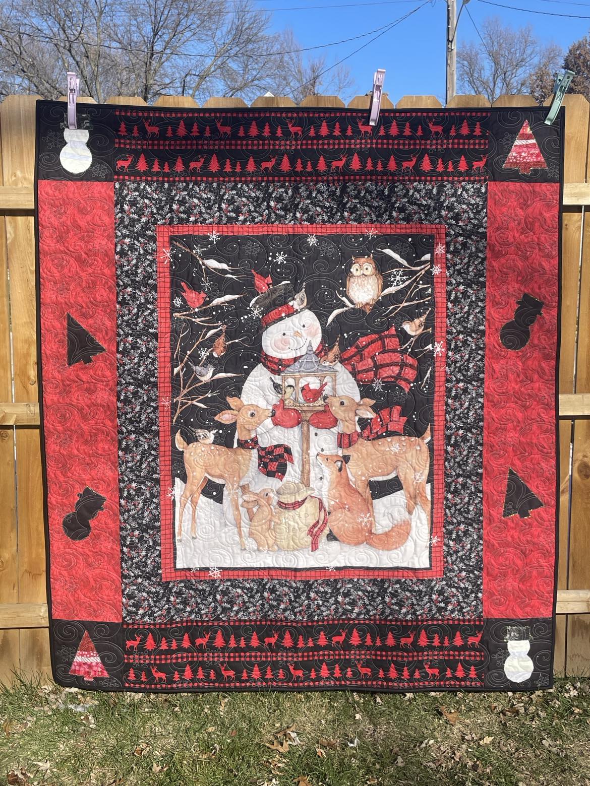 Christmas Snowman Quilt, Reverse Applique Christmas Blanket, Rustic Christmas Snowman Wall Art, Red and Black Snowman Quilted Throw Blanket