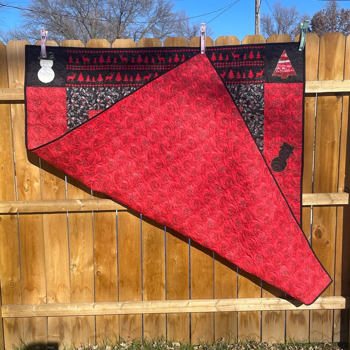 Christmas Snowman Quilt, Reverse Applique Christmas Blanket, Rustic Christmas Snowman Wall Art, Red and Black Snowman Quilted Throw Blanket