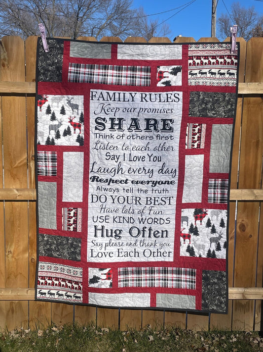 Family Rules Wall Art, In This House Sign, Plaid Deer Wall Hanging Quilt, Quilted Wall Art, Plaid Throw Blanket, Plaid Quilted Throw Blanket