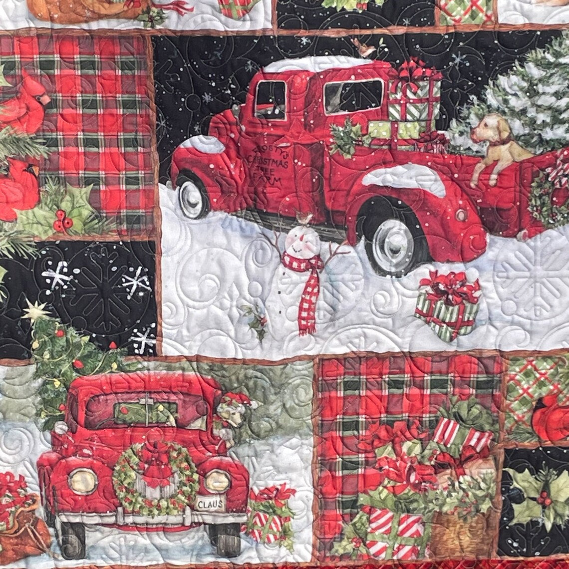 Christmas Red Truck Quilt, Red Farm Truck Christmas Blanket, Farmhouse Christmas Truck Wall Art, Vintage Farmhouse Style Christmas Throw