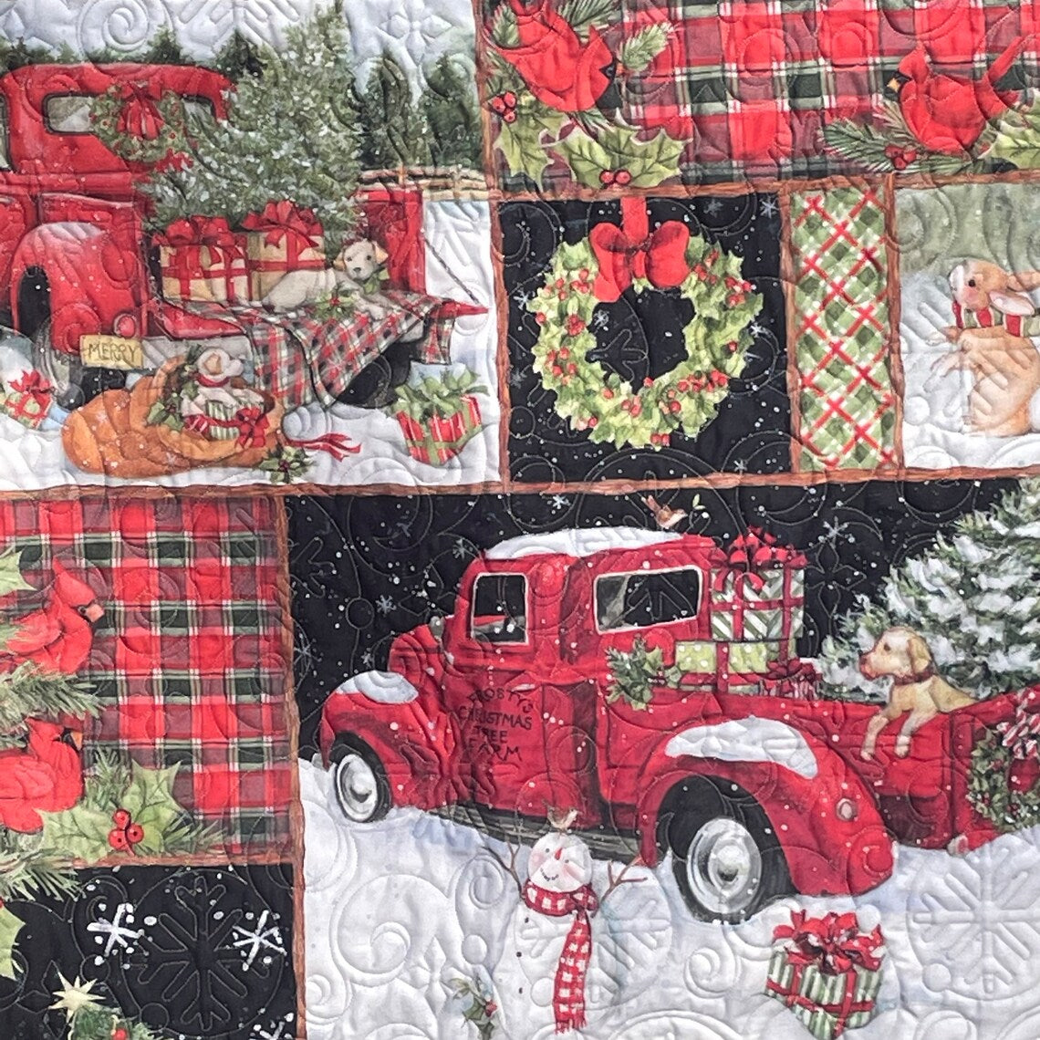 Christmas Red Truck Quilt, Red Farm Truck Christmas Blanket, Farmhouse Christmas Truck Wall Art, Vintage Farmhouse Style Christmas Throw