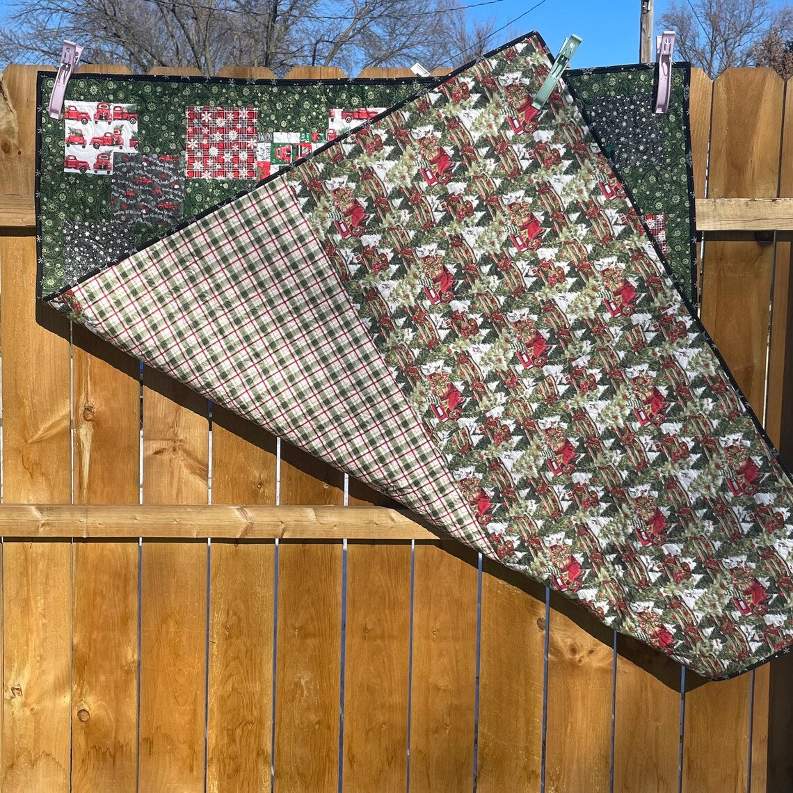 Christmas Red Truck Quilt, Red Farm Truck Christmas Blanket, Farmhouse Christmas Truck Wall Art, Vintage Farmhouse Style Christmas Throw