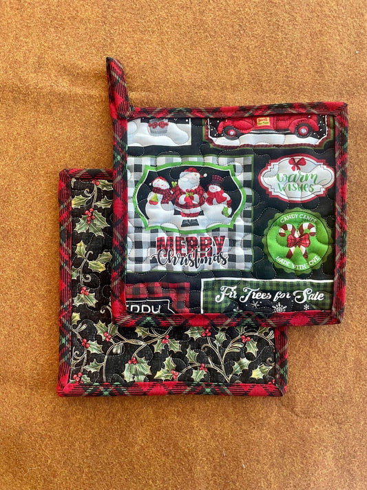 Snowman and Santa Quilted Potholders Set of 2, Snowy Day Hot Pads, Plaid Christmas Quilted Pot Holders, Insulated Christmas Quilted Trivet