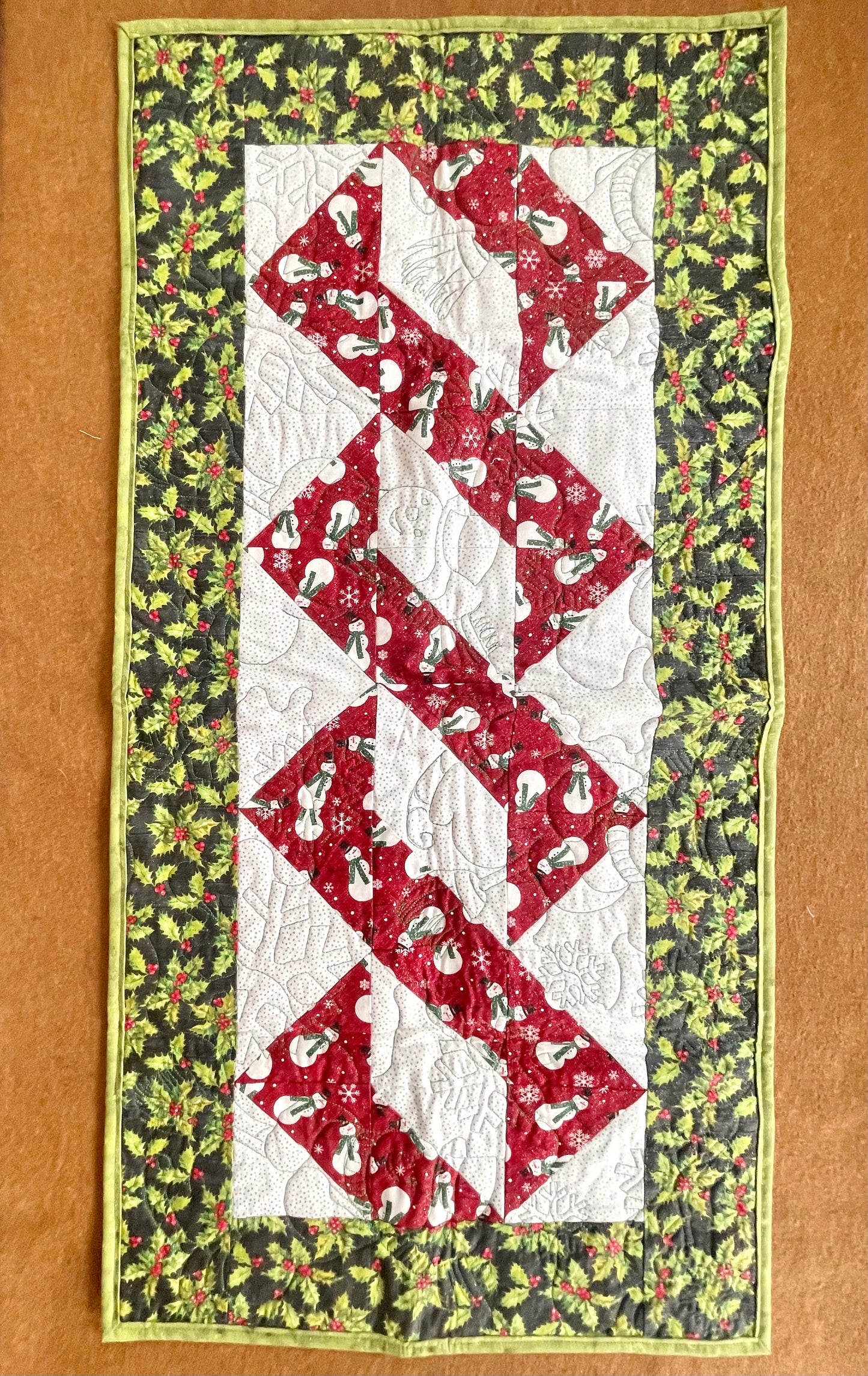 Christmas Snowman Table Runner, Winter Holiday Table Cover, Christmas Table Topper, Holly Berry Kitchen Decor, Red and Green Table Protector