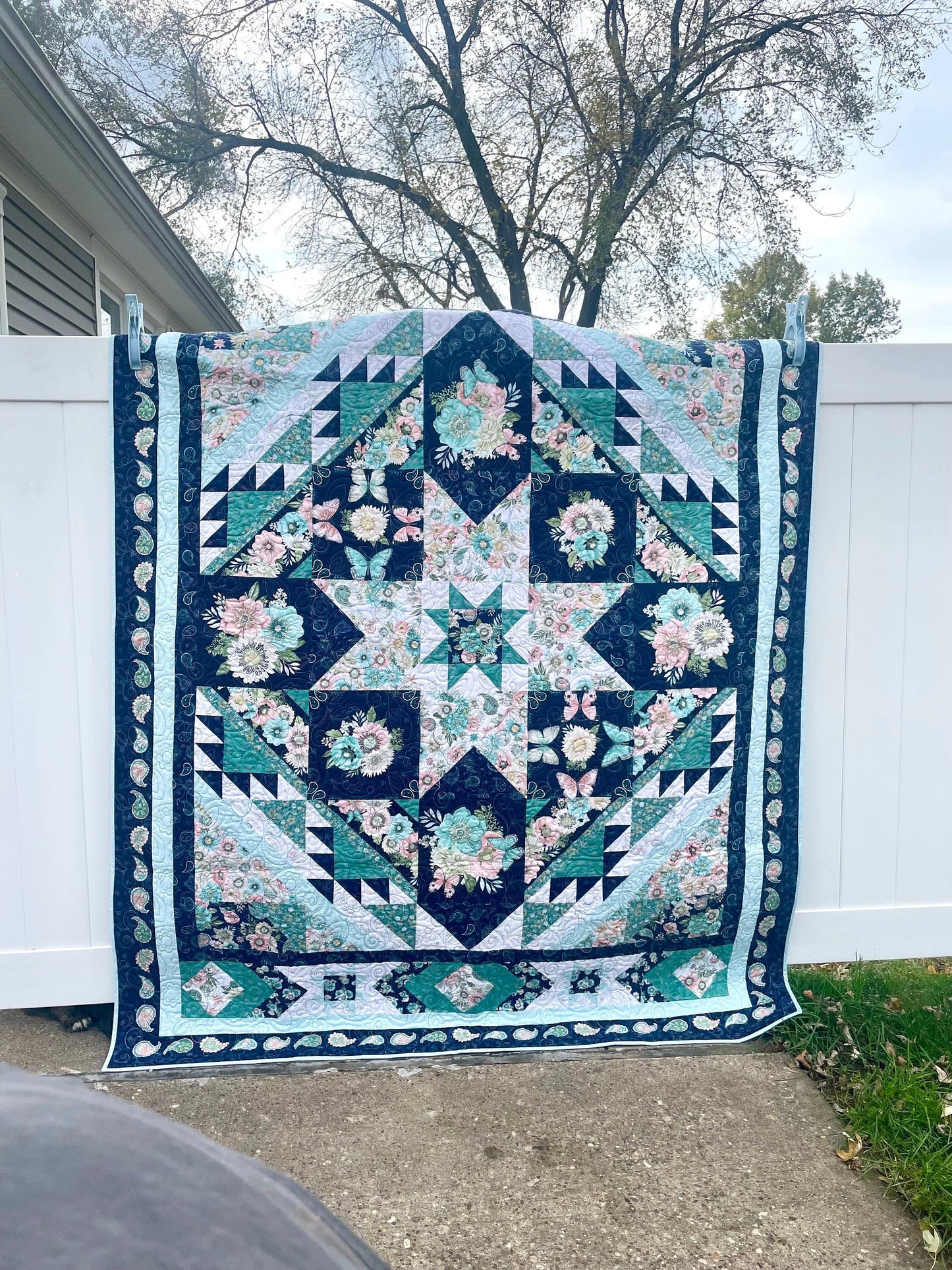 Flowers and Butterflies Twin Quilt, Butterfly Twin Size Bedding, Blue and Teal Quilted Throw Blanket, Blue Paisley Floral Quilted Blanket