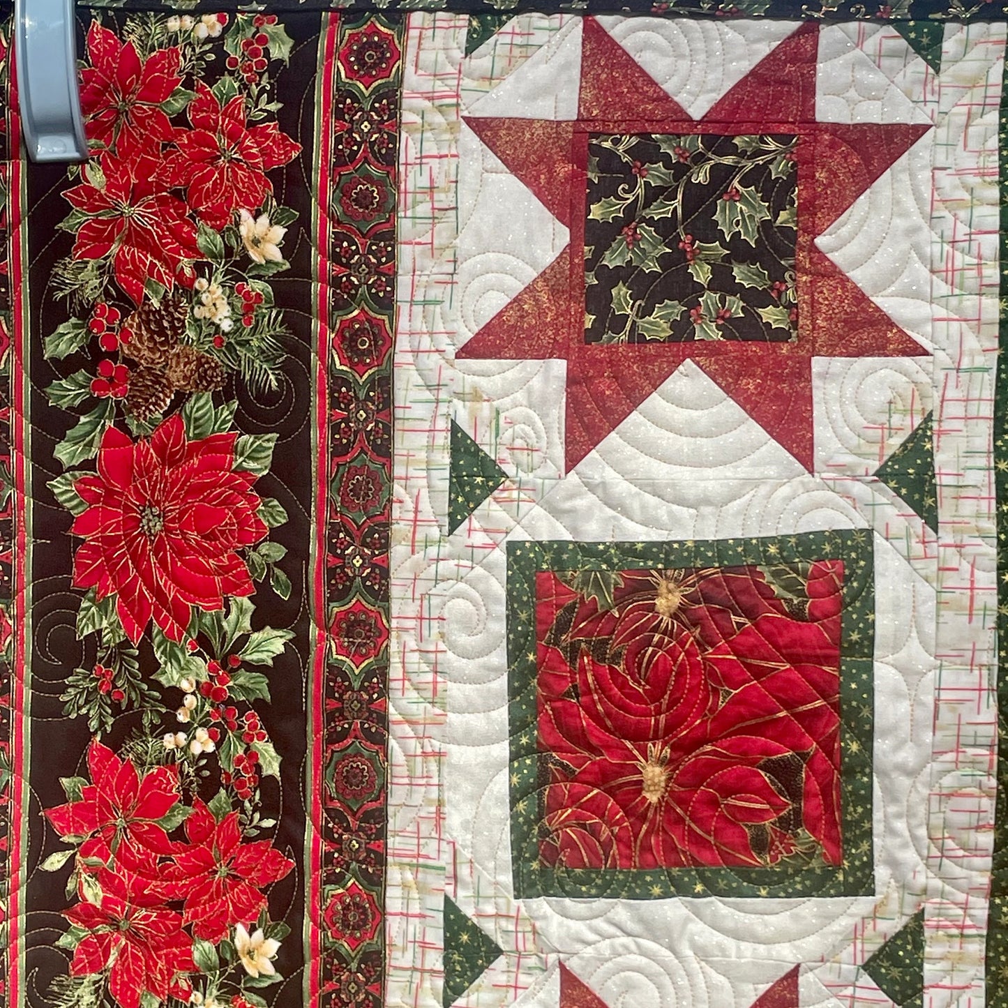 Poinsettia Christmas Quilted Wall Hanging, Red and Gold Christmas Throw Blanket, Christmas Couch Quilt, Polyester and Cotton Christmas Quilt