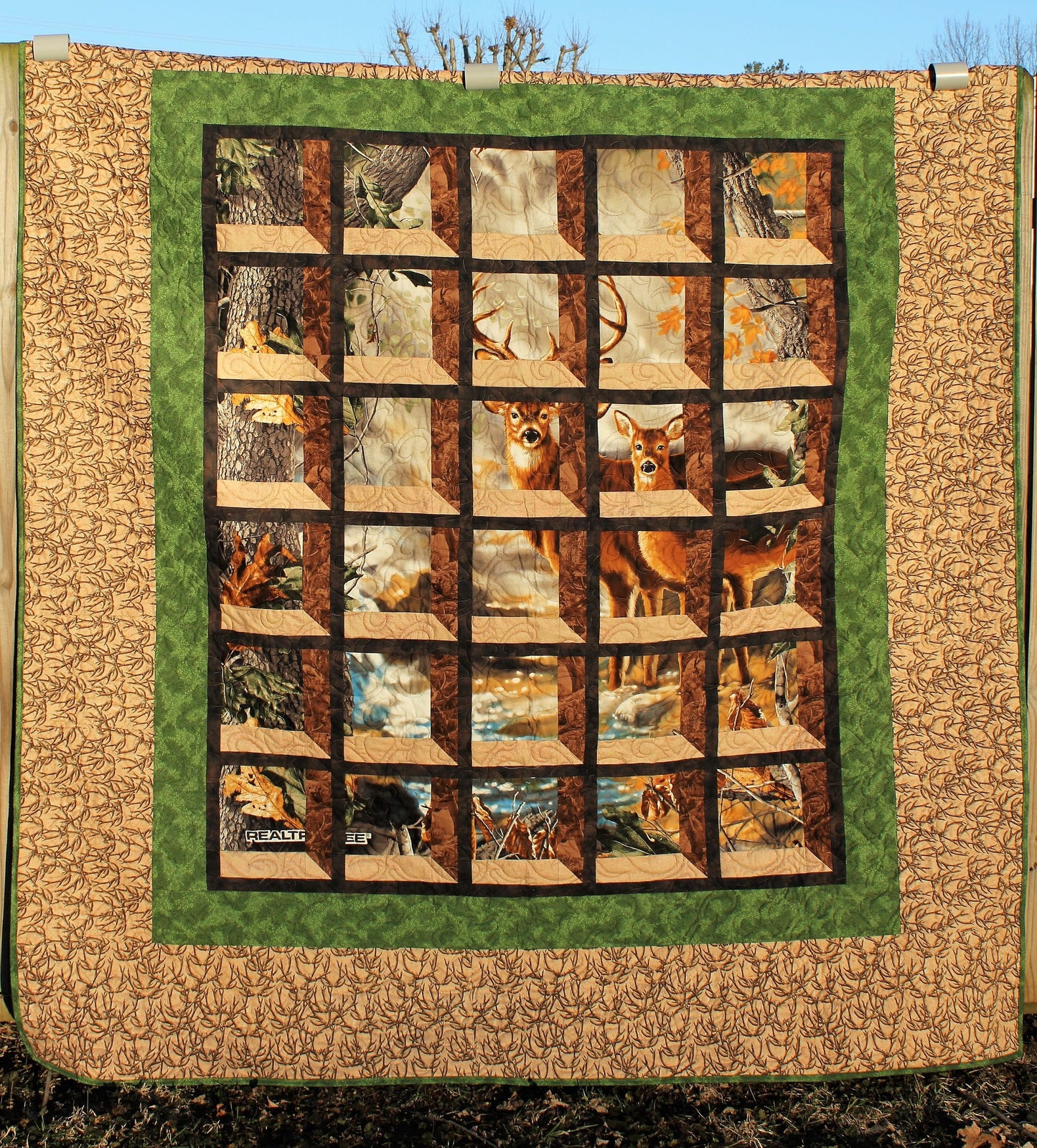 Deer in the Woods Twin Size Quilt, Hunting Lap Quilt, Camouflage Throw Blanket, Leaf and Deer Gift Bed Quilt, Winter Oversize Throw Quilt